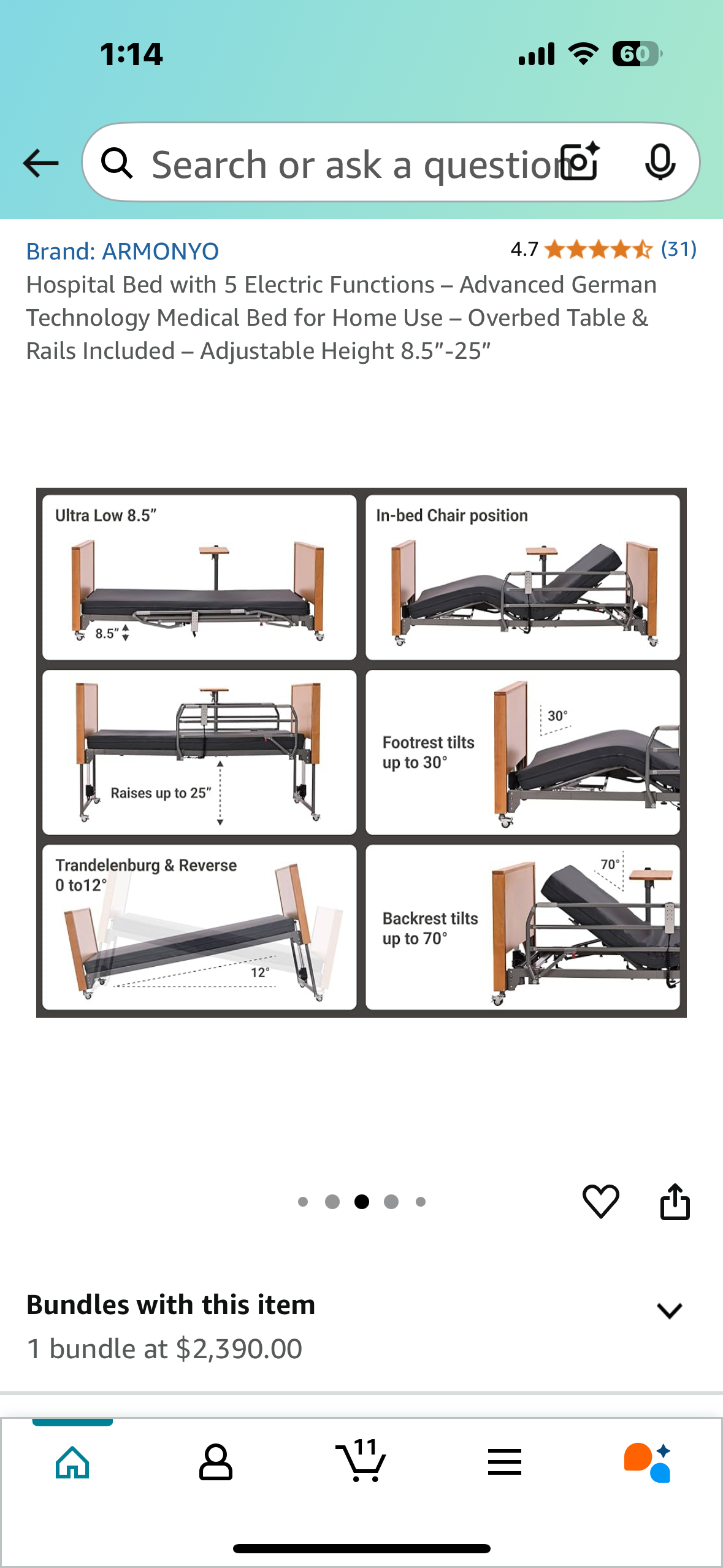 Hospital Bed with 5 Electric Functions – Advanced German Technology Medical Bed for Home Use – Overbed Table & Rails Included – Adjustable Height 8.5”-25” (B946)