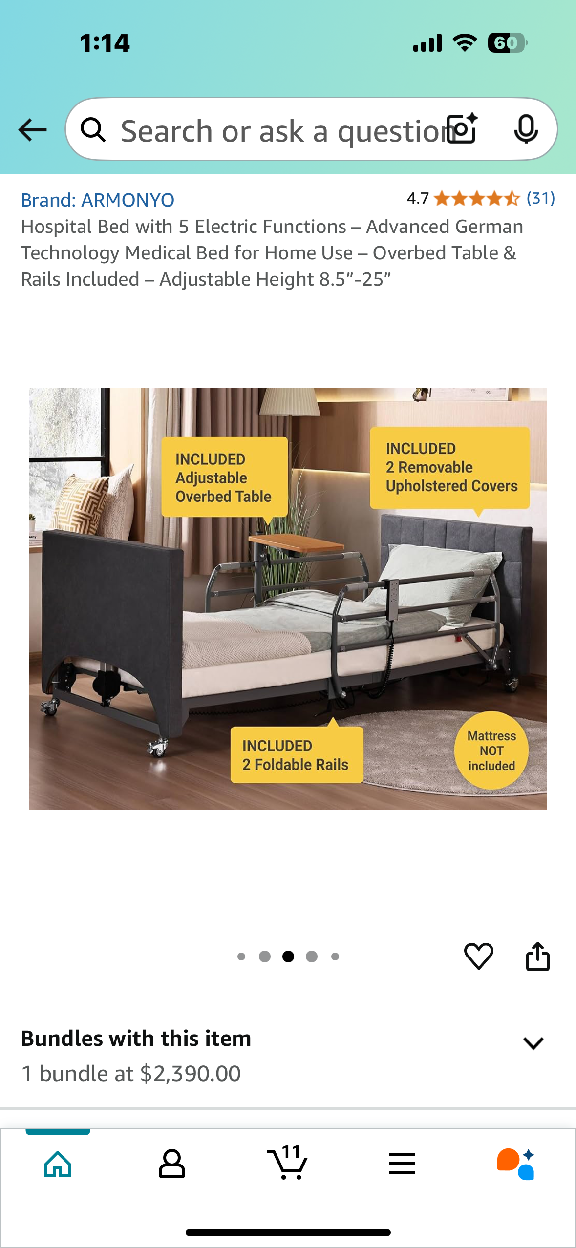 Hospital Bed with 5 Electric Functions – Advanced German Technology Medical Bed for Home Use – Overbed Table & Rails Included – Adjustable Height 8.5”-25” (B946)