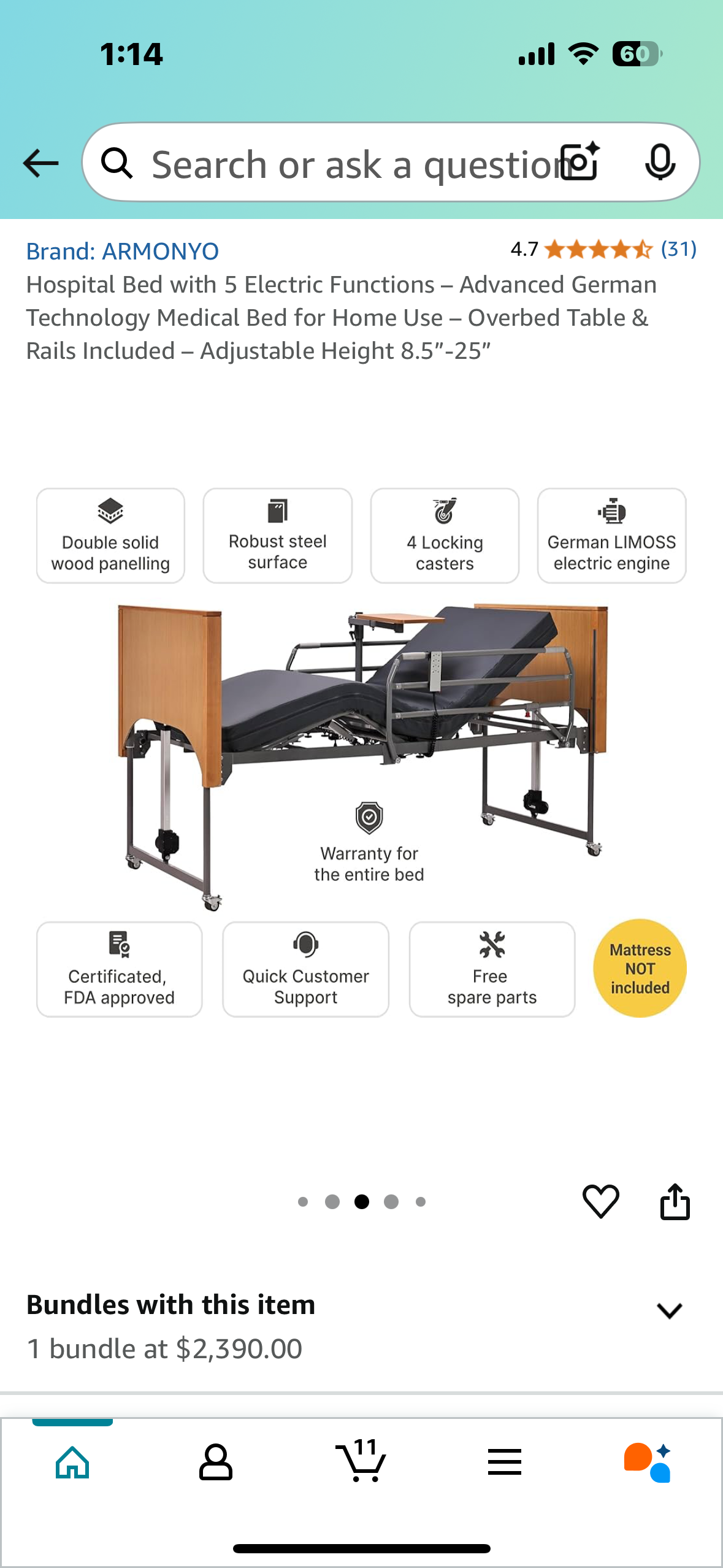Hospital Bed with 5 Electric Functions – Advanced German Technology Medical Bed for Home Use – Overbed Table & Rails Included – Adjustable Height 8.5”-25” (B946)