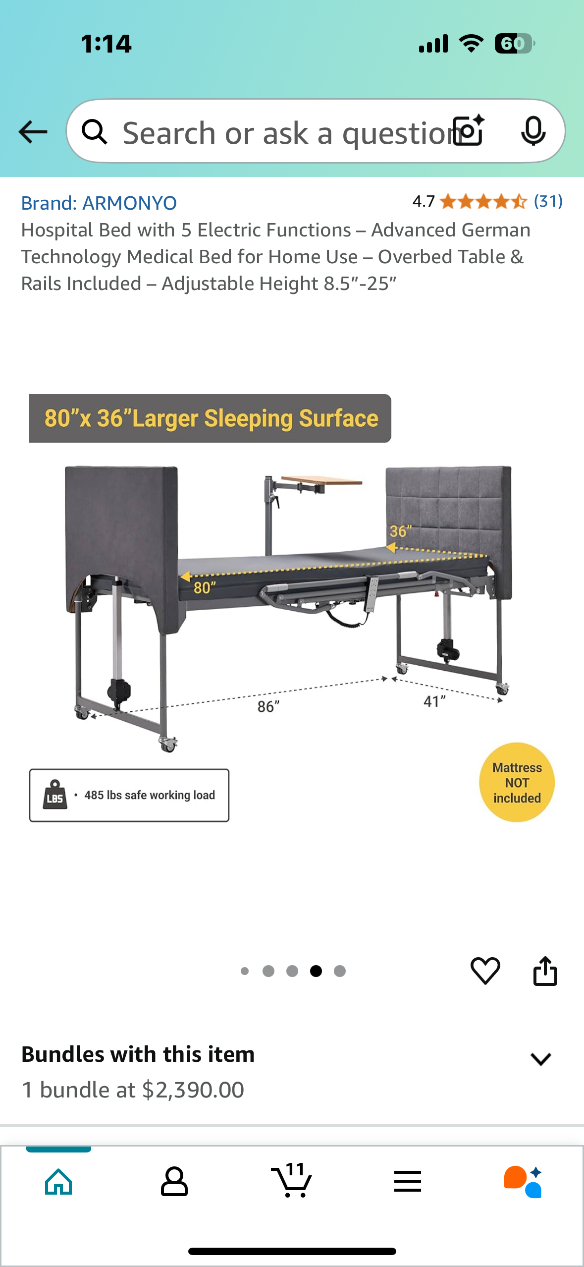 Hospital Bed with 5 Electric Functions – Advanced German Technology Medical Bed for Home Use – Overbed Table & Rails Included – Adjustable Height 8.5”-25” (B946)
