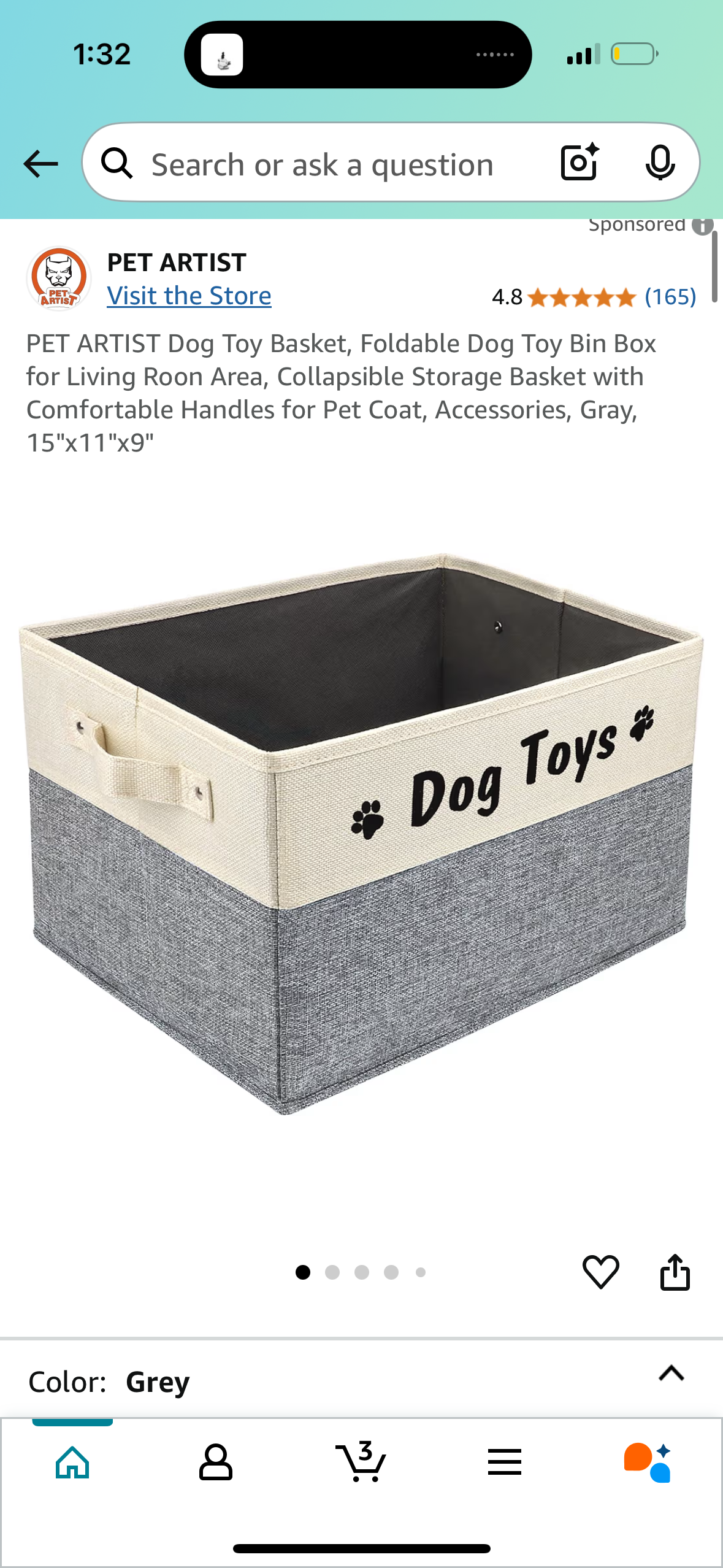 Dog Toy Box Large - Dog Toy Basket, Collapsible, Suitable for Dog Toy Storage, Dog Toy Bin with Comfortable Handles - Grey