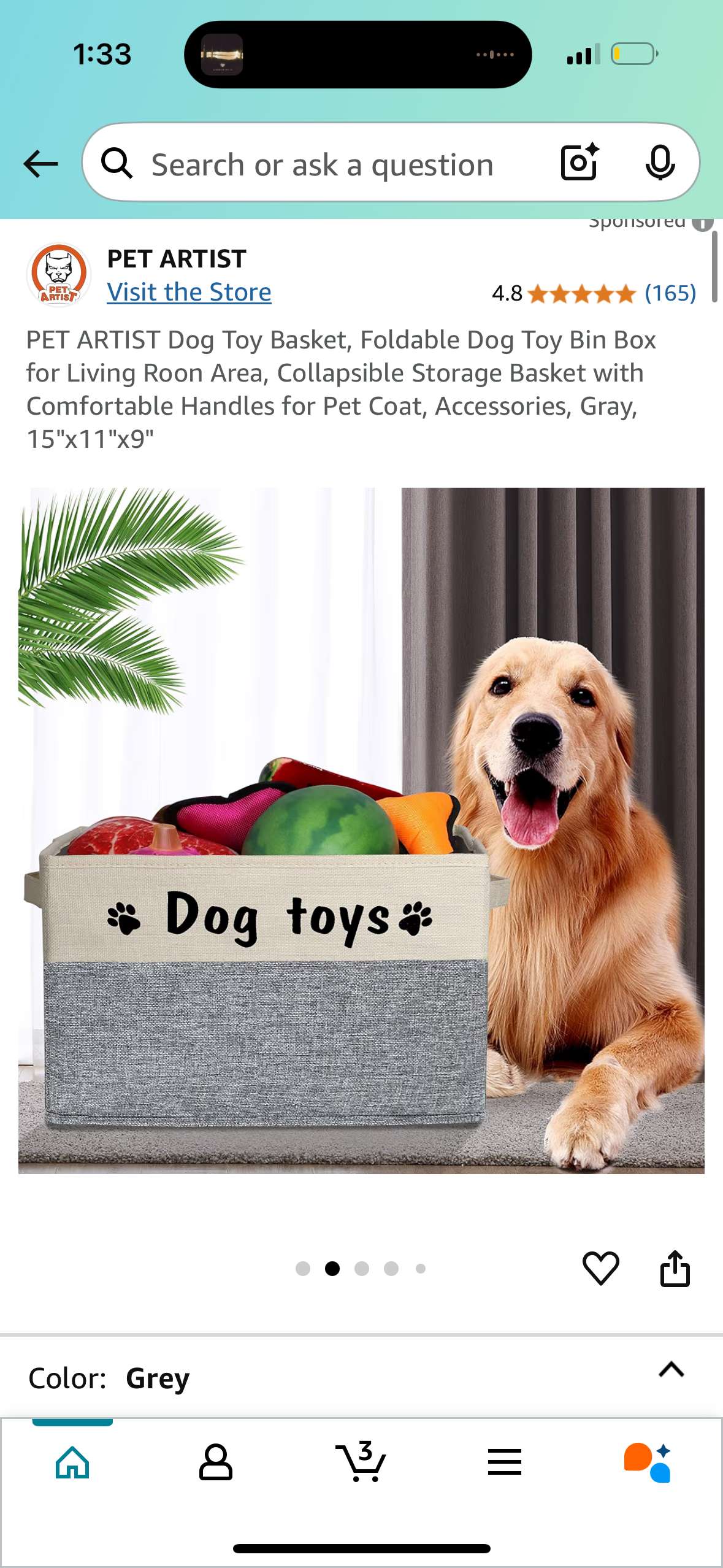 Dog Toy Box Large - Dog Toy Basket, Collapsible, Suitable for Dog Toy Storage, Dog Toy Bin with Comfortable Handles - Grey