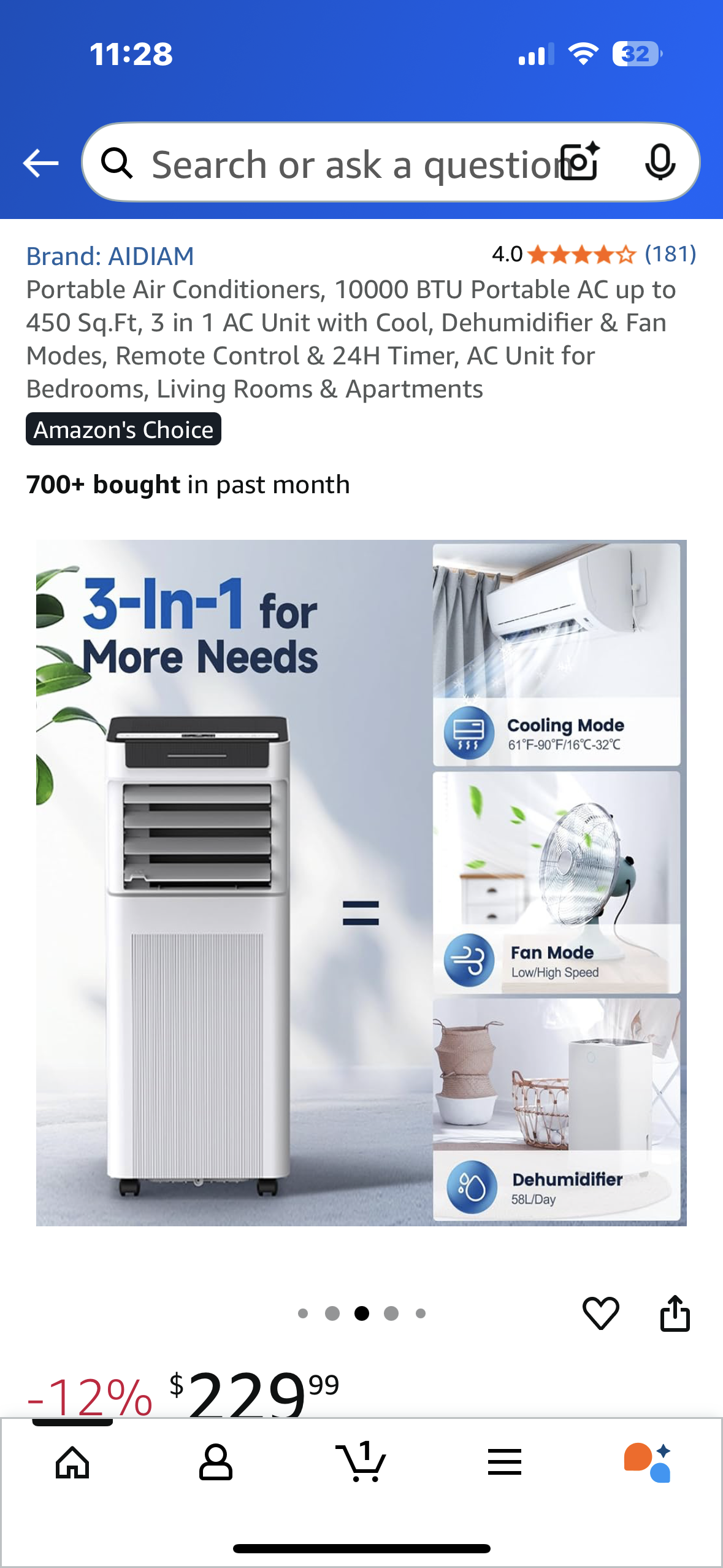 Portable Air Conditioner, 10000 BTU up to 450 Sq.Ft, 3 in 1 AC Unit with Cool, Dehumidifier & Fan Modes, Remote Control & 24H Timer, AC Unit for Bedrooms, Living Rooms & Apartments (R685)