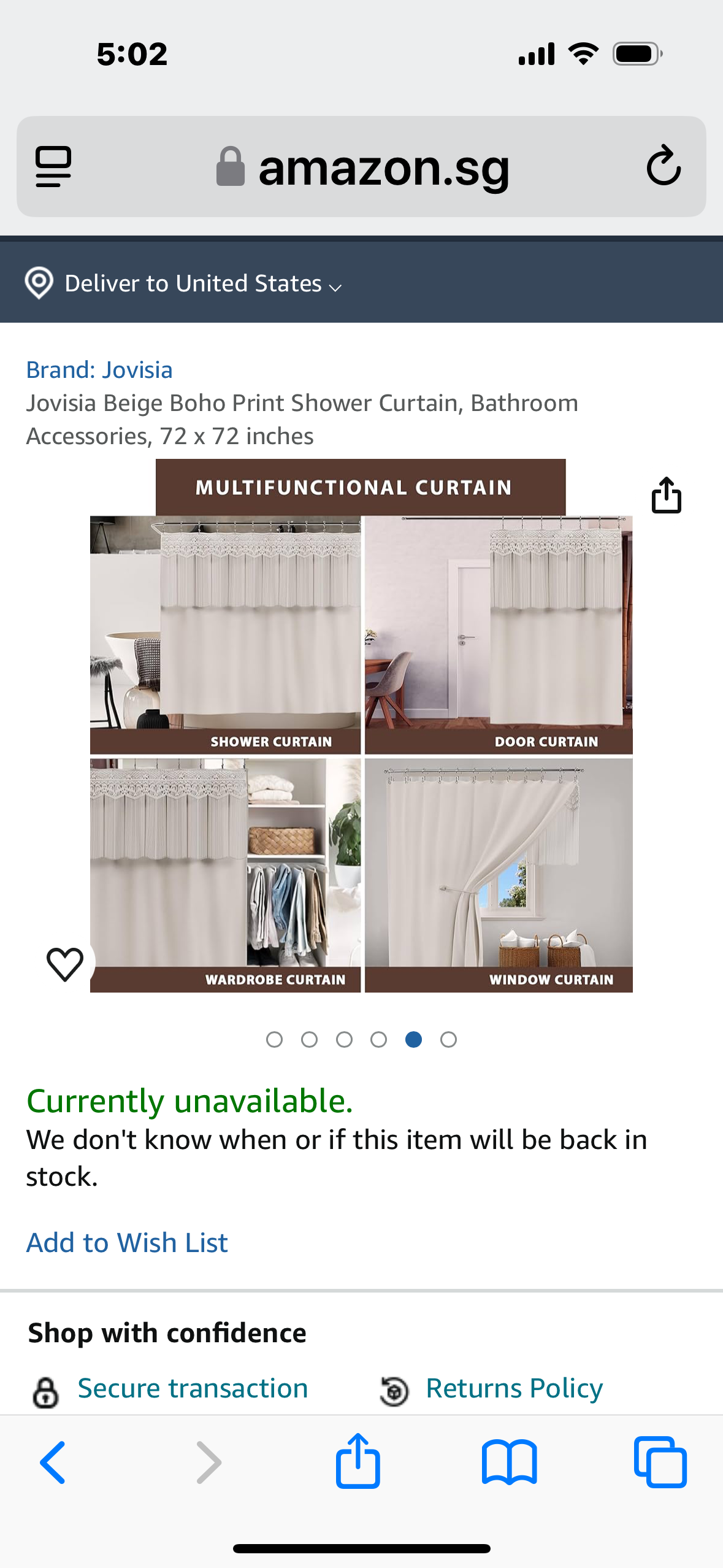Jovisia Beige Boho Print Shower Curtain, 72 x 72 inches, Grey