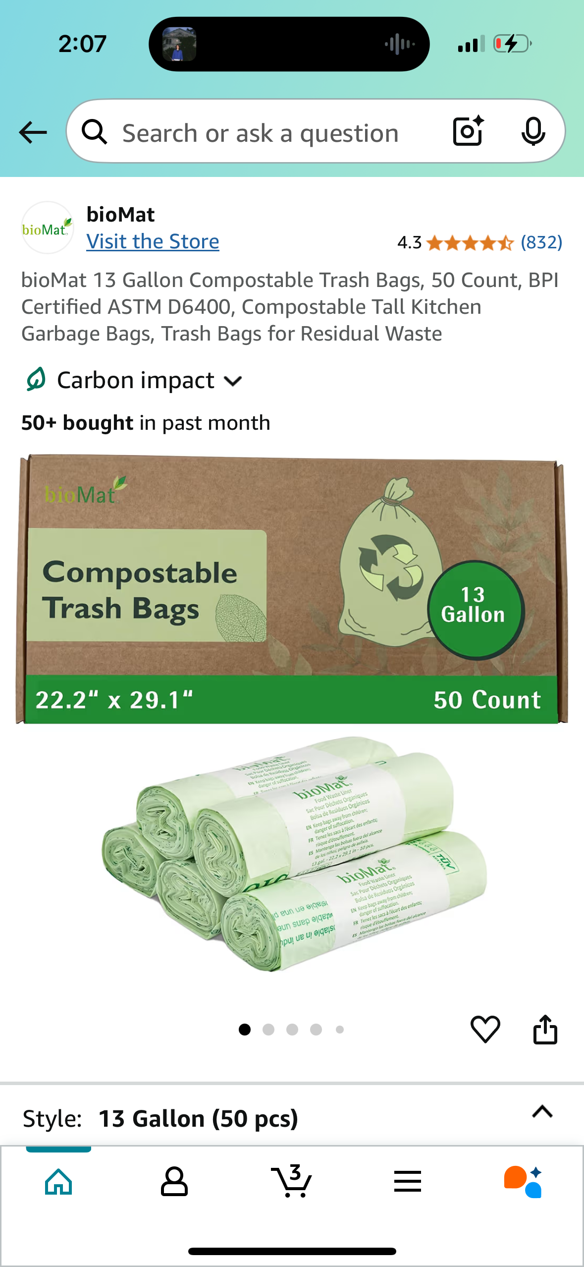 bioMat 13 Gallon Compostable Trash Bags, 50 Count, BPI Certified ASTM D6400, Compostable Tall Kitchen Garbage Bags, Trash Bags for Residual Waste