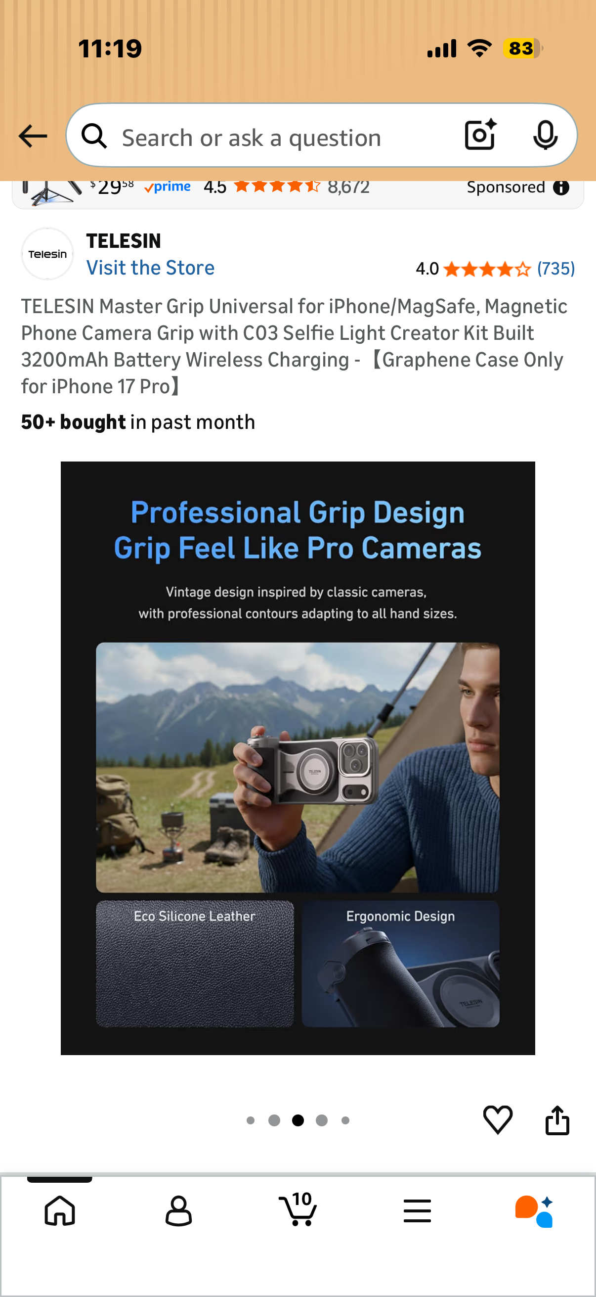 TELESIN Master Grip Universal for iPhone/MagSafe, Magnetic Phone Camera Grip with C03 Selfie Light Creator Kit Built 3200mAh Battery Wireless Charging -【Graphene Case Only for iPhone 17 Pro