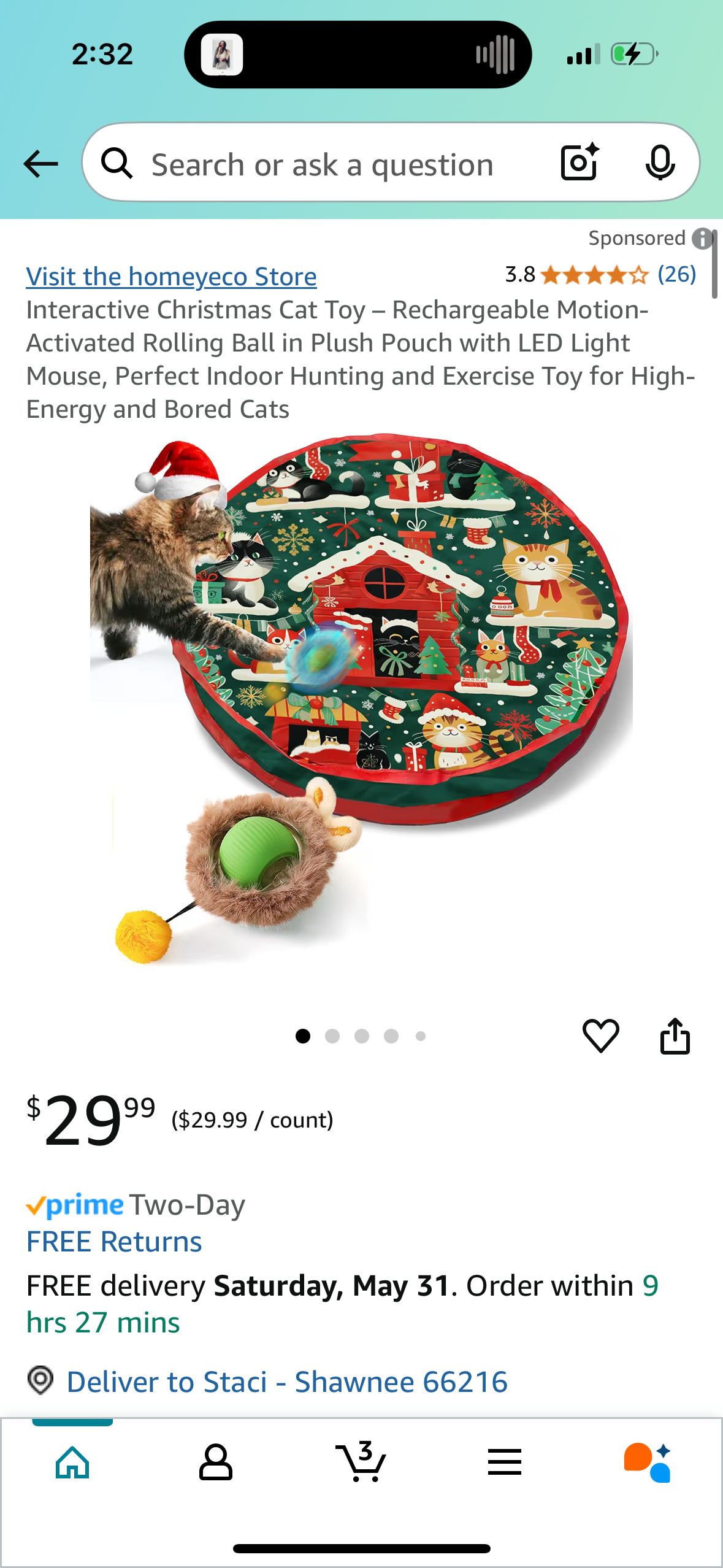 Interactive Cat Toy – Rechargeable Motion-Activated Rolling Ball in Plush Pouch with LED Light Mouse, Perfect Indoor Hunting and Exercise Toy for High-Energy and Bored Cats