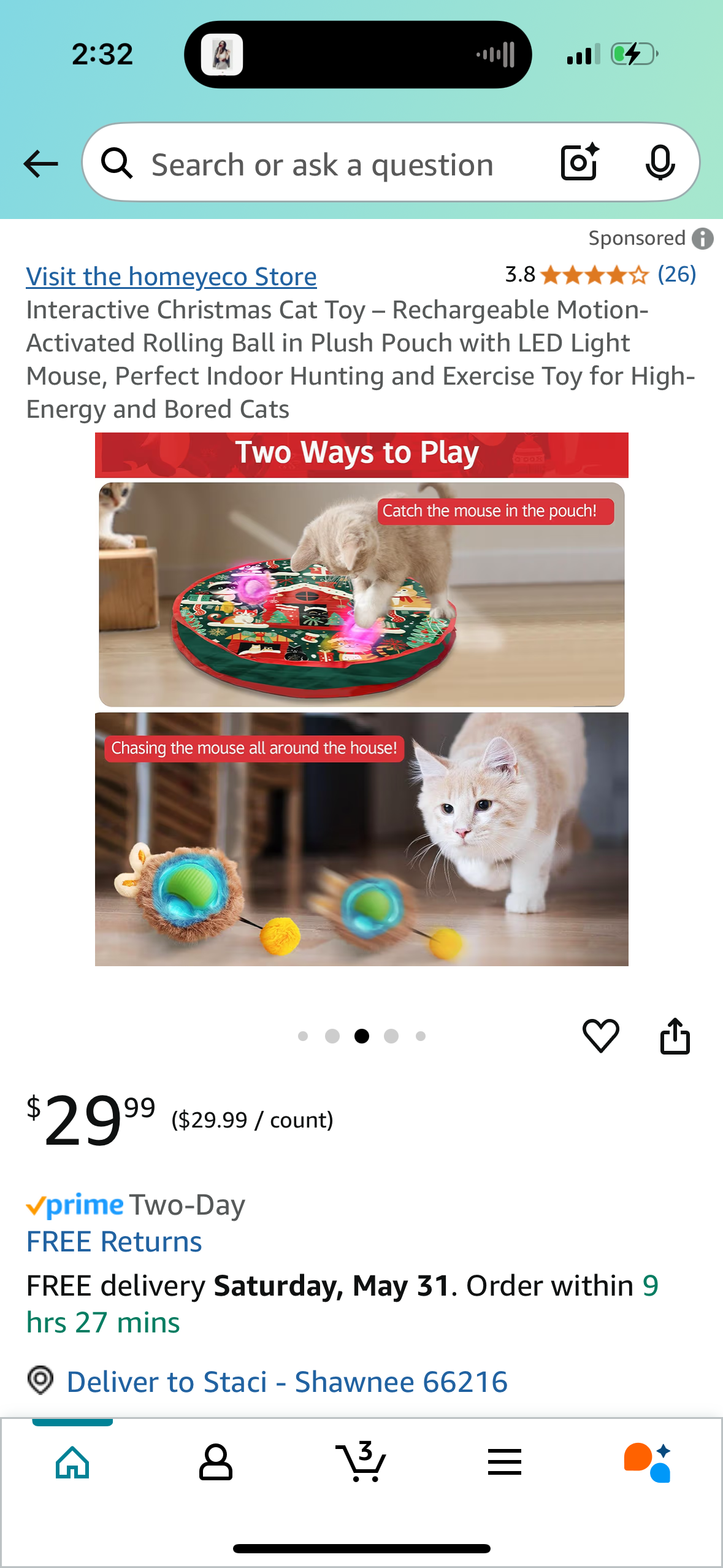 Interactive Cat Toy – Rechargeable Motion-Activated Rolling Ball in Plush Pouch with LED Light Mouse, Perfect Indoor Hunting and Exercise Toy for High-Energy and Bored Cats