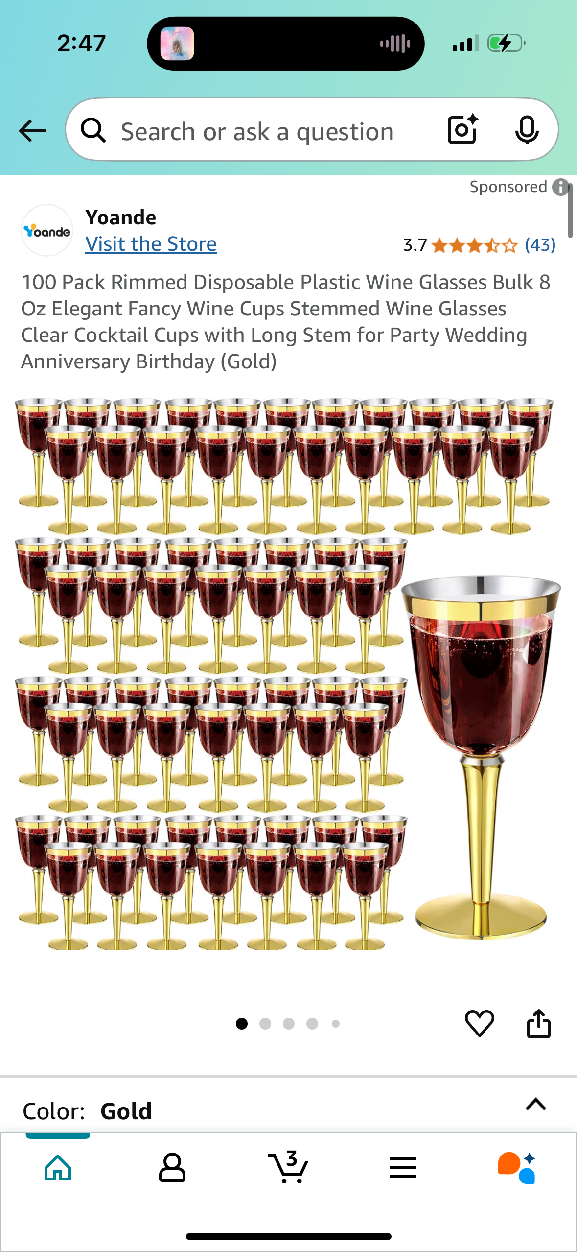 100 Pack Rimmed Disposable Plastic Wine Glasses Bulk 8 Oz Elegant Fancy Wine Cups Stemmed Wine Glasses Clear Cocktail Cups with Long Stem for Party Wedding Anniversary Birthday (Gold)