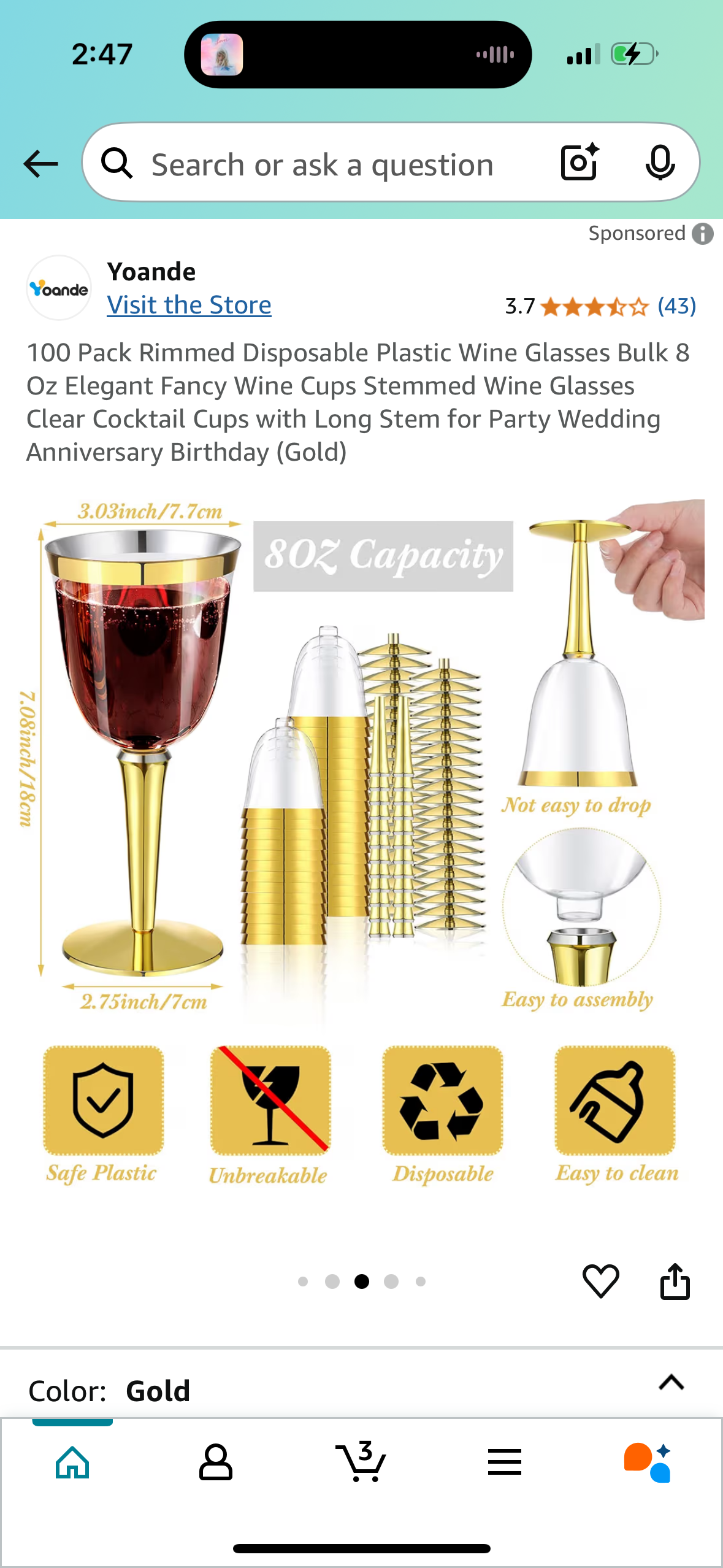 100 Pack Rimmed Disposable Plastic Wine Glasses Bulk 8 Oz Elegant Fancy Wine Cups Stemmed Wine Glasses Clear Cocktail Cups with Long Stem for Party Wedding Anniversary Birthday (Gold)
