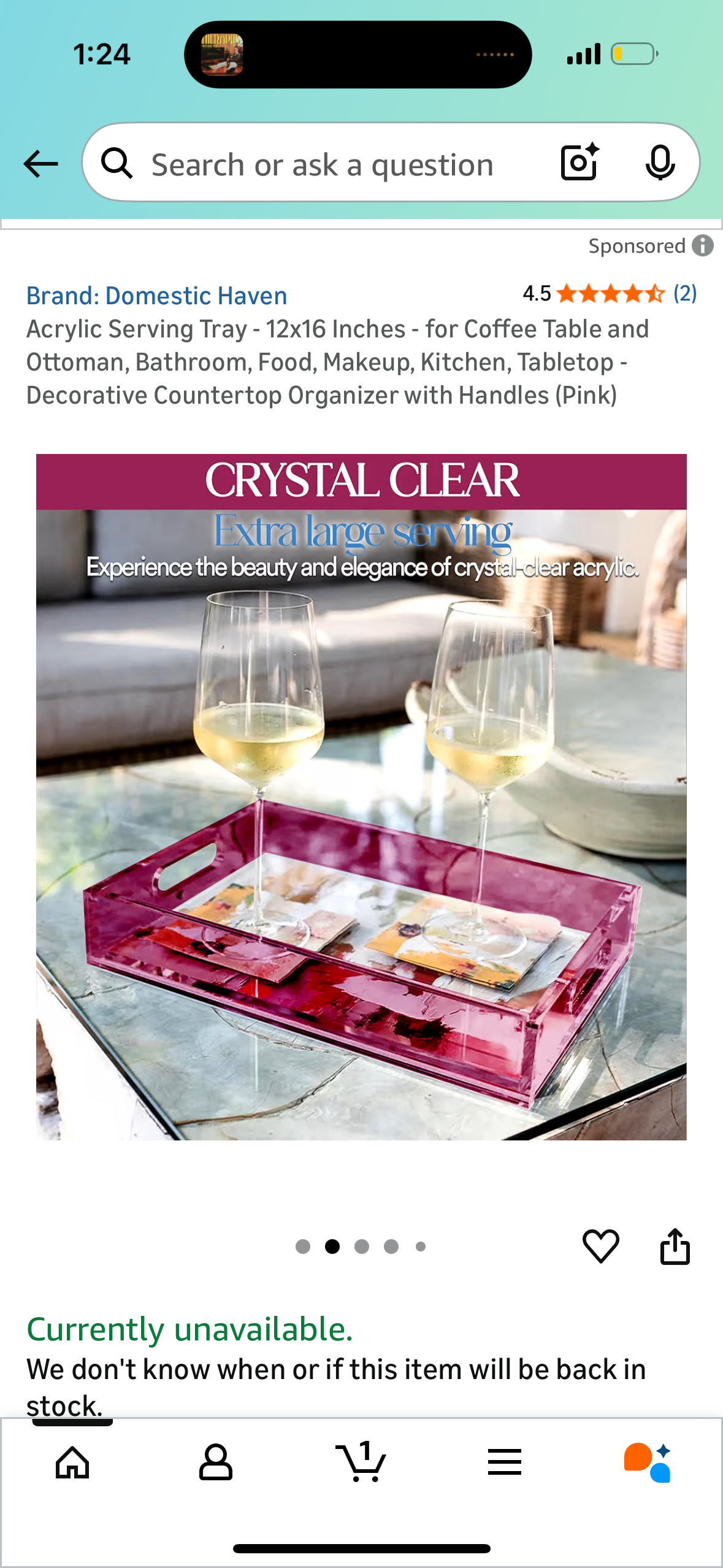 Acrylic Serving Tray - 12x16 Inches - for Coffee Table and Ottoman, Bathroom, Food, Makeup, Kitchen, Tabletop - Decorative Countertop Organizer with Handles (Pink)