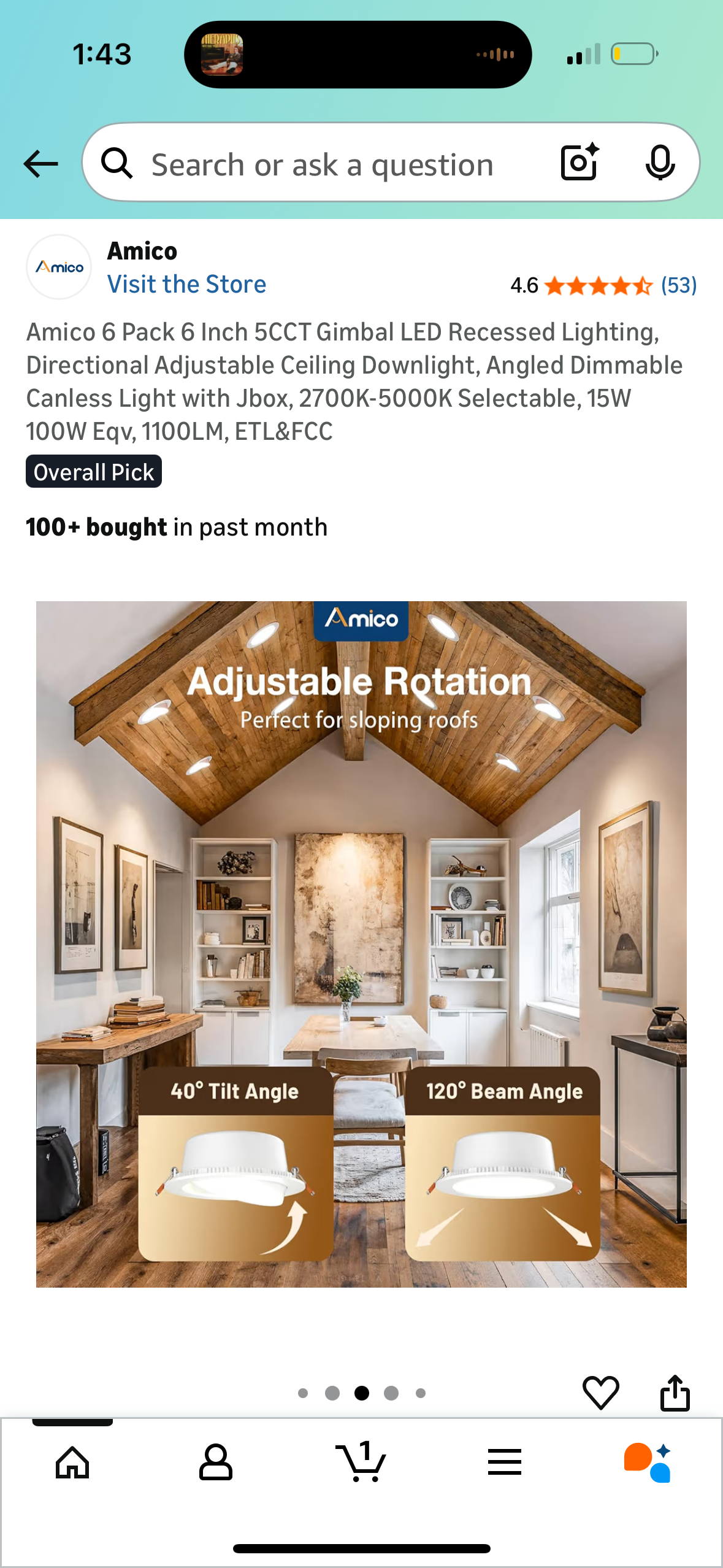 Amico 6 Pack 6 Inch 5CCT Gimbal LED Recessed Lighting, Directional Adjustable Ceiling Downlight, Angled Dimmable Canless Light with Jbox, 2700K-5000K Selectable, 15W 100W Eqv, 1100LM, ETL&FCC