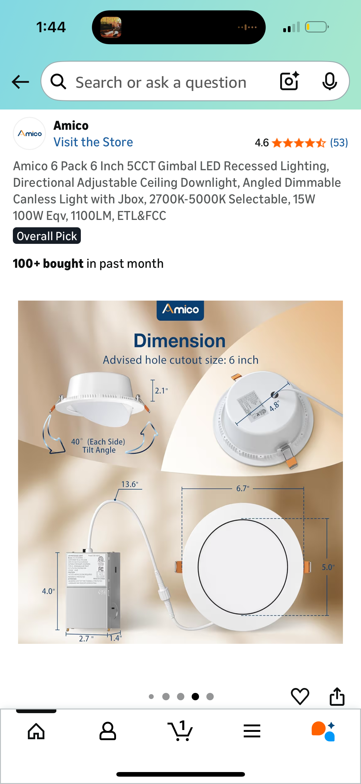 Amico 6 Pack 6 Inch 5CCT Gimbal LED Recessed Lighting, Directional Adjustable Ceiling Downlight, Angled Dimmable Canless Light with Jbox, 2700K-5000K Selectable, 15W 100W Eqv, 1100LM, ETL&FCC