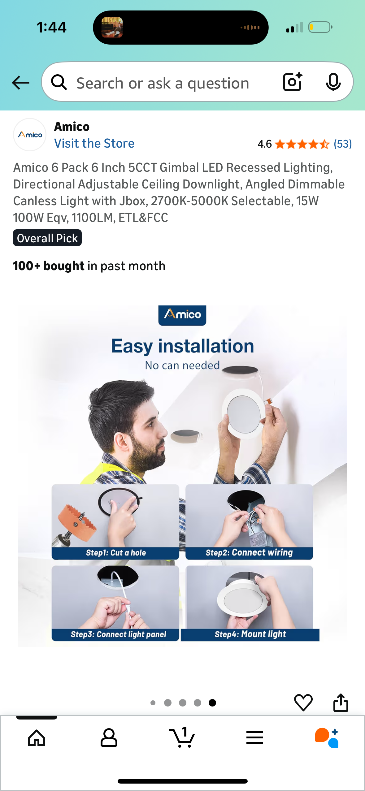 Amico 6 Pack 6 Inch 5CCT Gimbal LED Recessed Lighting, Directional Adjustable Ceiling Downlight, Angled Dimmable Canless Light with Jbox, 2700K-5000K Selectable, 15W 100W Eqv, 1100LM, ETL&FCC