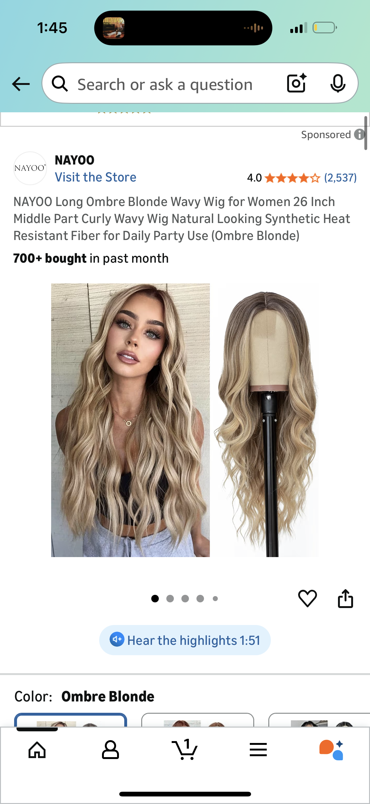 NAYOO Long Ombre Blonde Wavy Wig for Women 26 Inch Middle Part Curly Wavy Wig Natural Looking Synthetic Heat Resistant Fiber for Daily Party Use (Ombre Blonde)