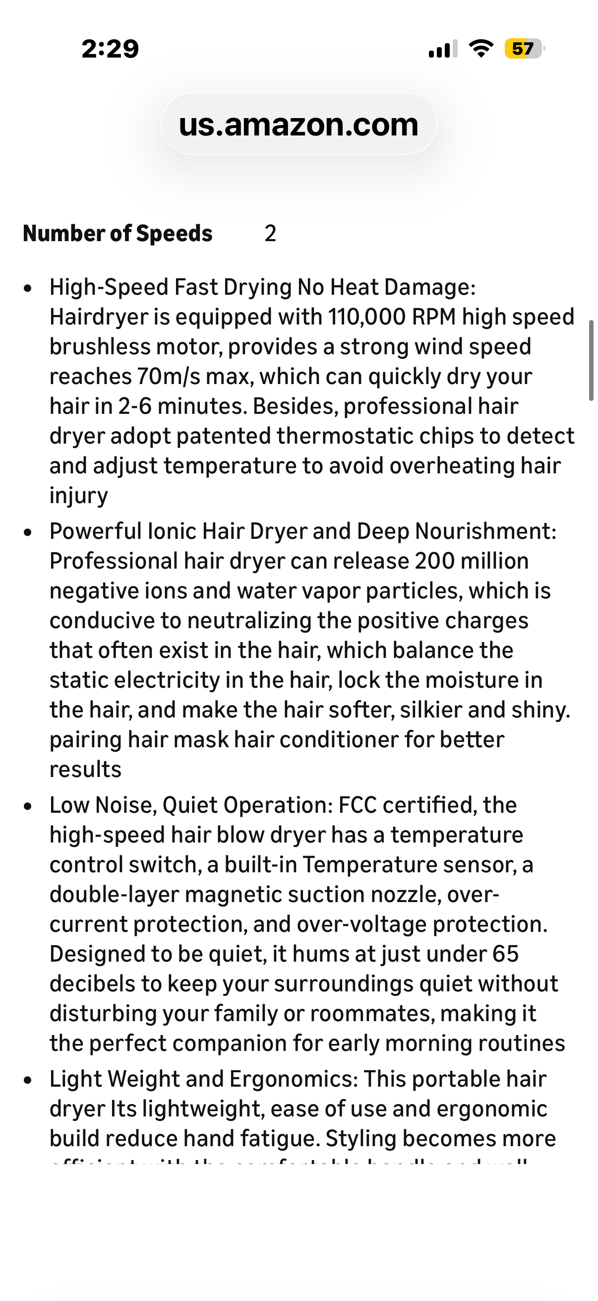 Dretolfn Hair Dryer, Professional High Speed Ionic Blow Dryer for Fast Drying, Powerful 1400W Hairdryer 3Temps /2Speeds, Low Noise Thermo-Control Hairdryer with Nozzle, No Heat Damage, Silver