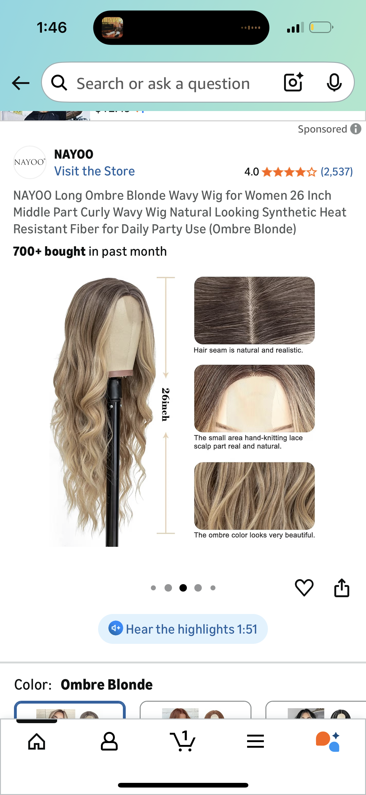 NAYOO Long Ombre Blonde Wavy Wig for Women 26 Inch Middle Part Curly Wavy Wig Natural Looking Synthetic Heat Resistant Fiber for Daily Party Use (Ombre Blonde)