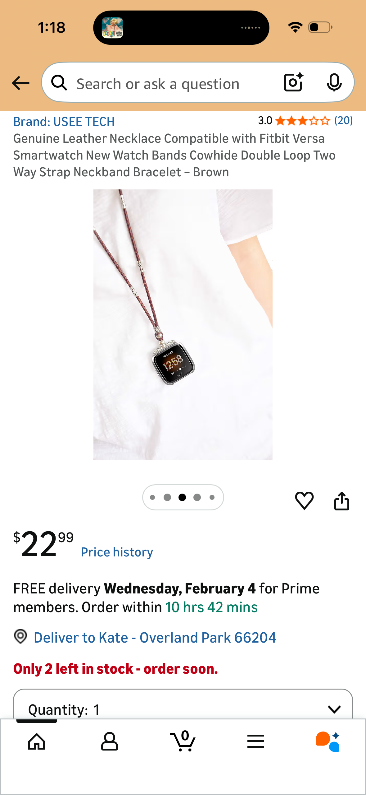 Genuine Leather Necklace Compatible with Fitbit Versa Smartwatch New Watch Bands Cowhide Double Loop Two Way Strap Neckband Bracelet – Brown