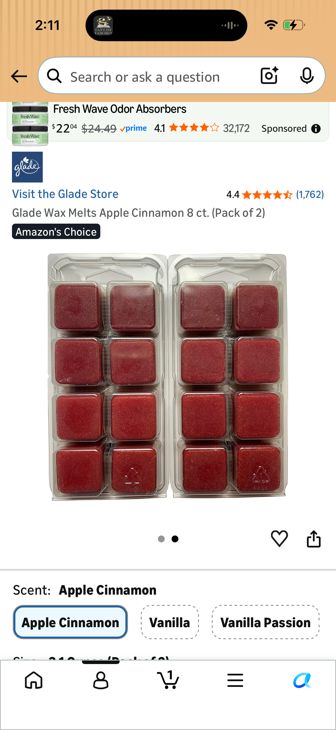 Glade Wax Melts Apple Cinnamon 8 ct. (Pack of 2)