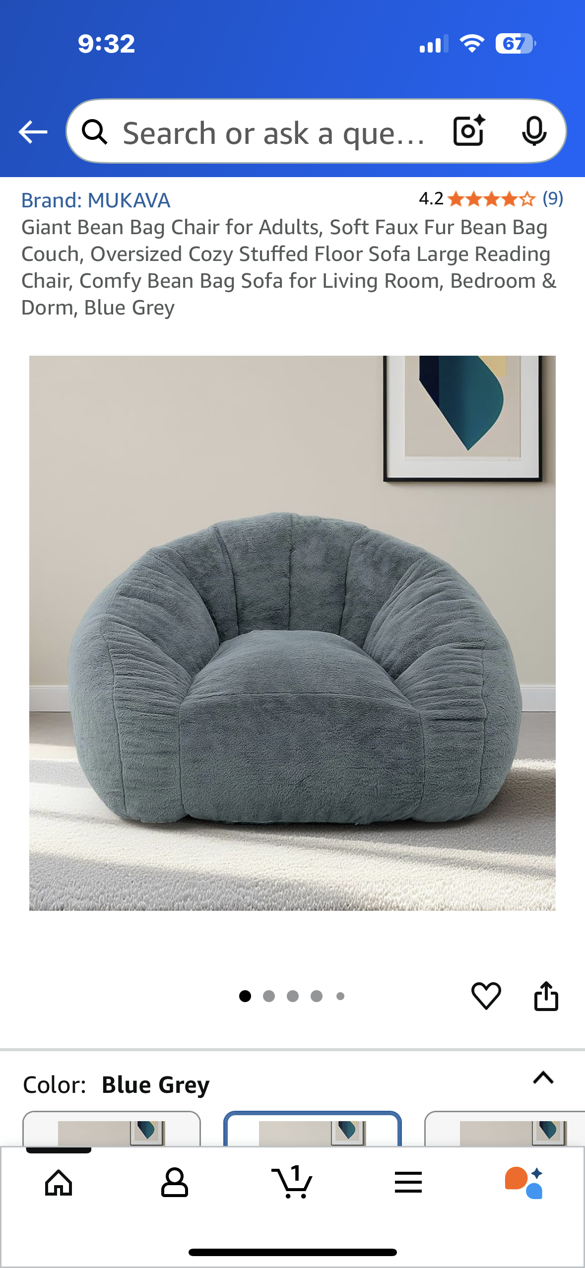 Giant Bean Bag Chair for Adults, Soft Faux Fur, Oversized Comfy Bean Bag Sofa for Living Room, Bedroom & Dorm, Blue Grey (L1024)