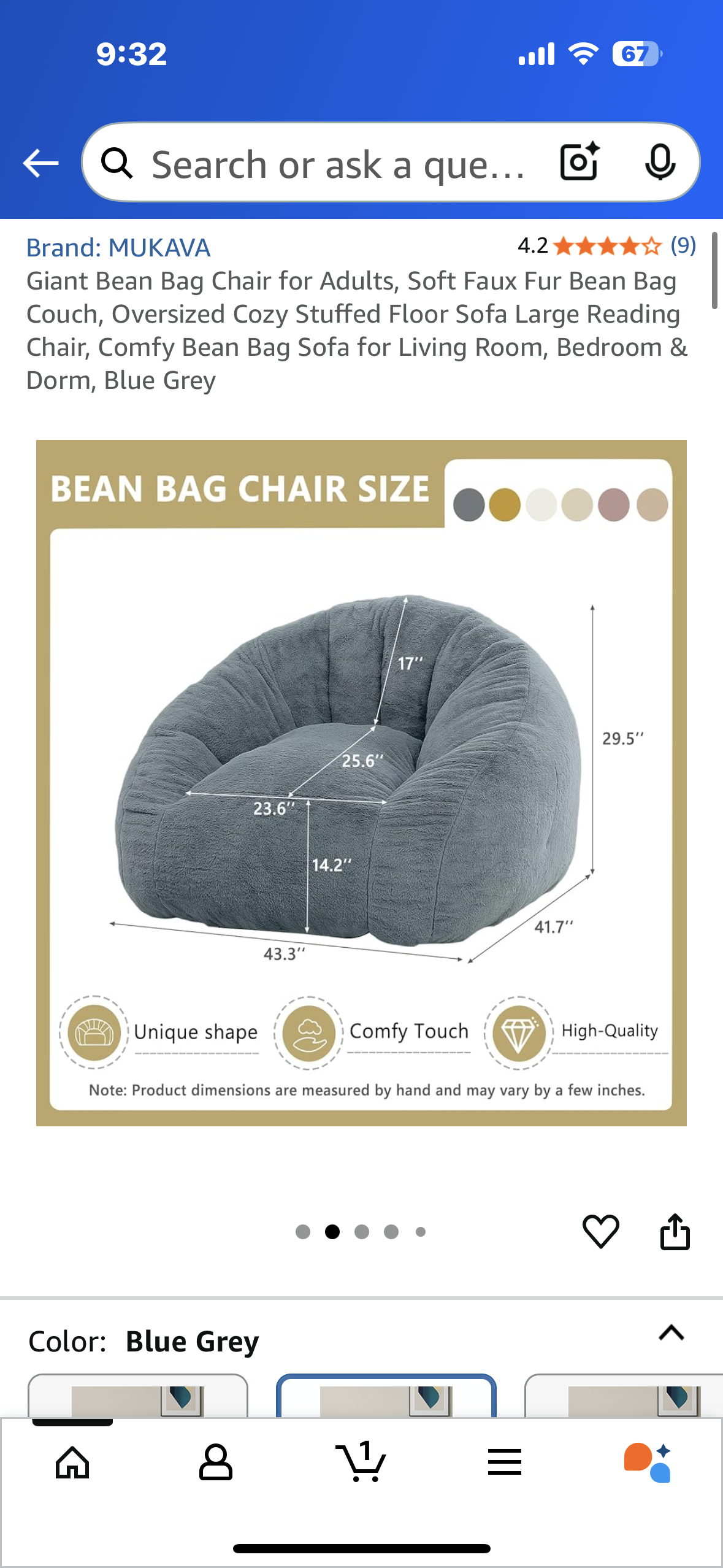 Giant Bean Bag Chair for Adults, Soft Faux Fur, Oversized Comfy Bean Bag Sofa for Living Room, Bedroom & Dorm, Blue Grey (L1024)