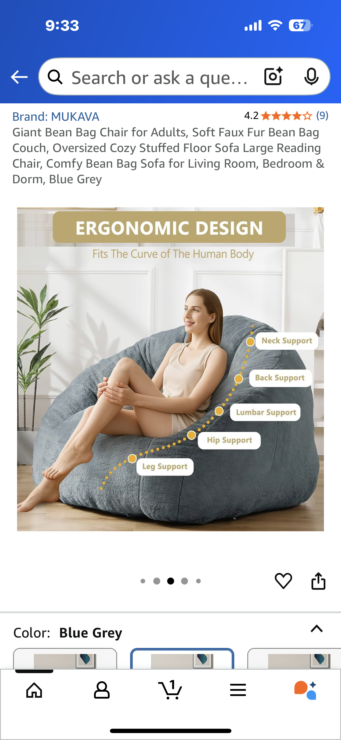 Giant Bean Bag Chair for Adults, Soft Faux Fur, Oversized Comfy Bean Bag Sofa for Living Room, Bedroom & Dorm, Blue Grey (L1024)