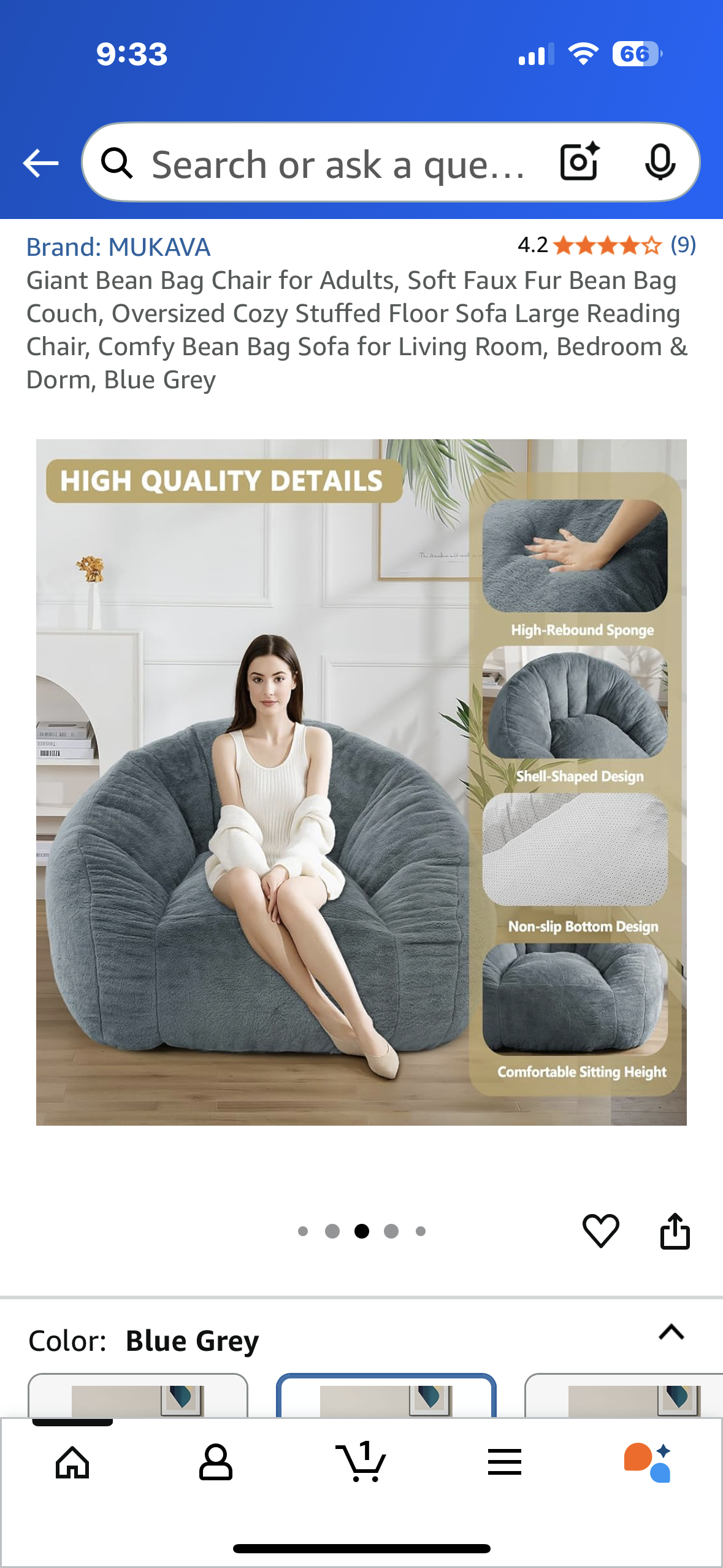 Giant Bean Bag Chair for Adults, Soft Faux Fur, Oversized Comfy Bean Bag Sofa for Living Room, Bedroom & Dorm, Blue Grey (L1024)
