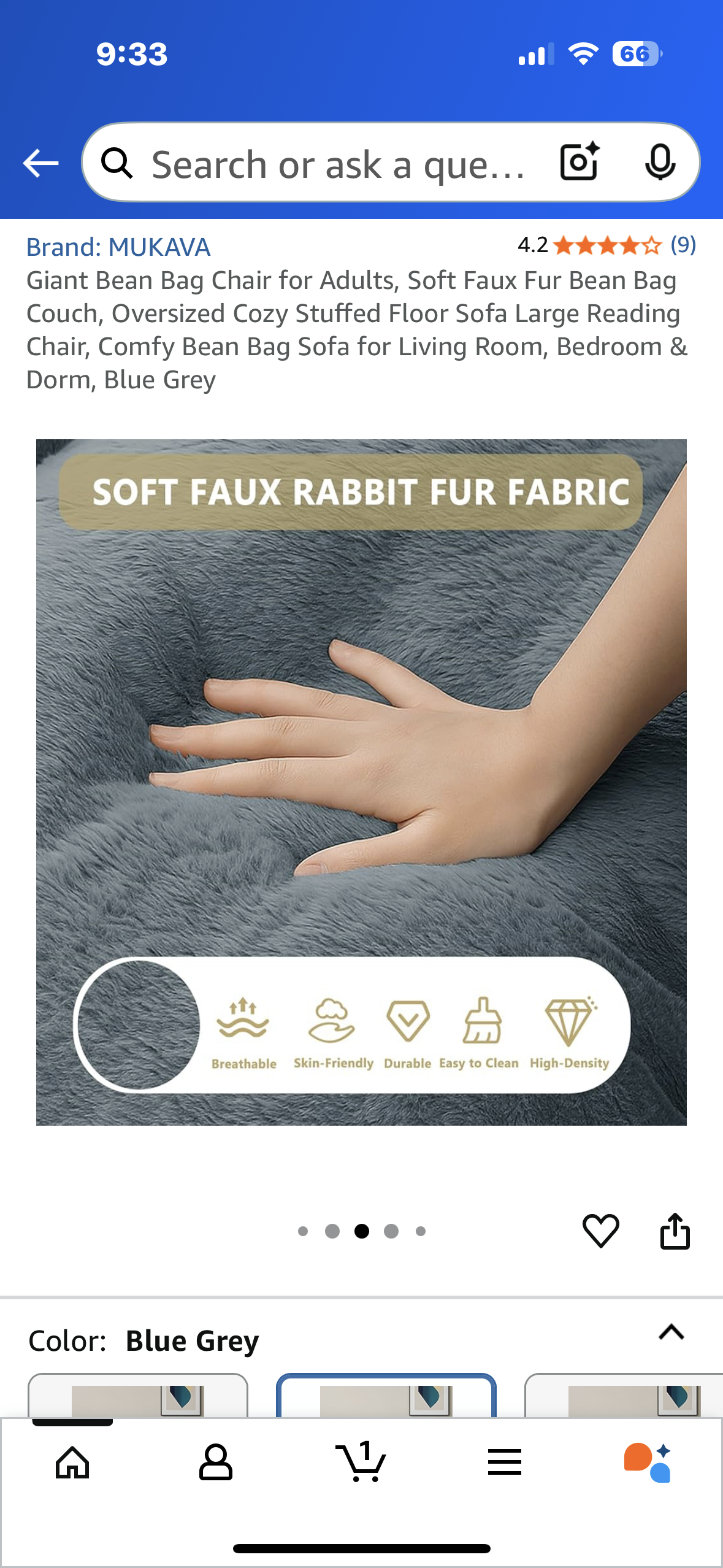 Giant Bean Bag Chair for Adults, Soft Faux Fur, Oversized Comfy Bean Bag Sofa for Living Room, Bedroom & Dorm, Blue Grey (L1024)