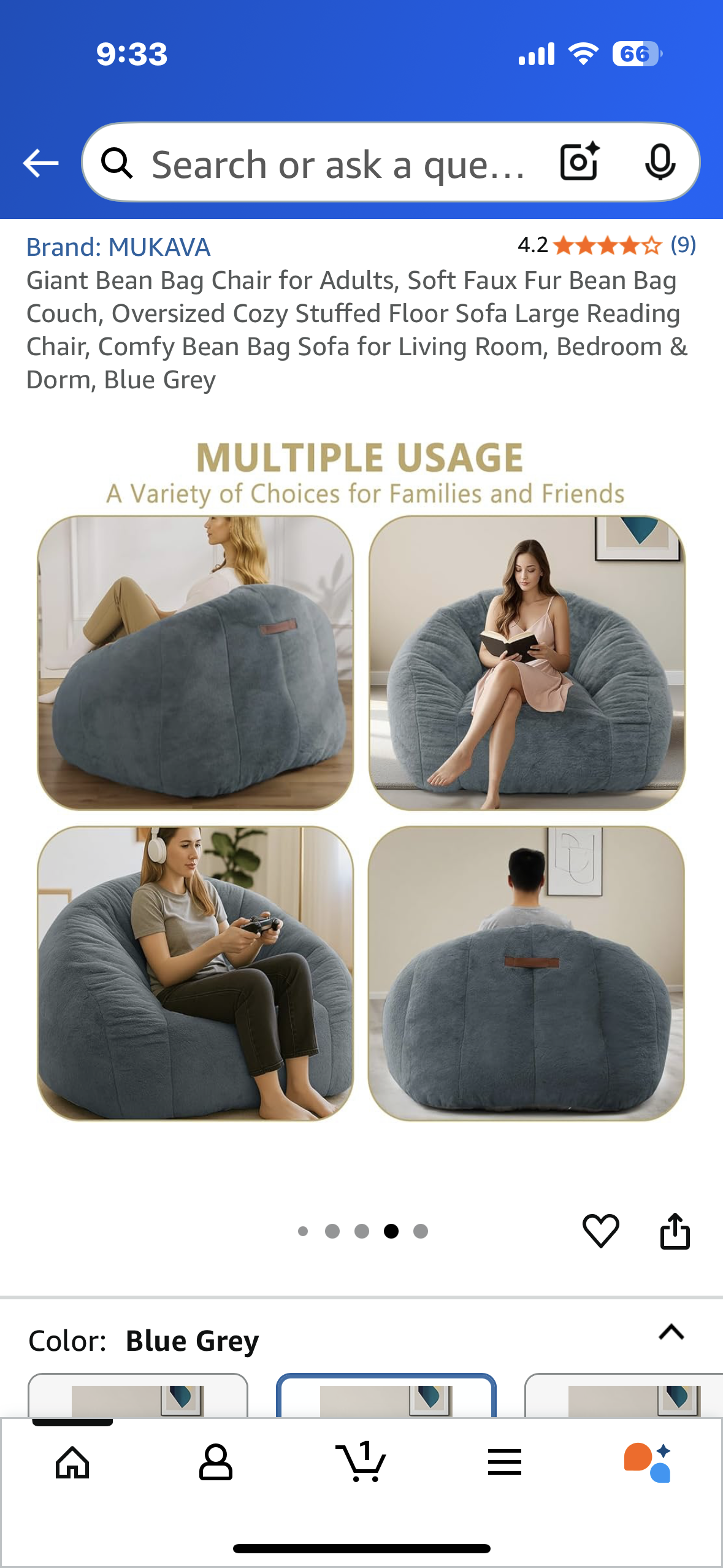 Giant Bean Bag Chair for Adults, Soft Faux Fur, Oversized Comfy Bean Bag Sofa for Living Room, Bedroom & Dorm, Blue Grey (L1024)