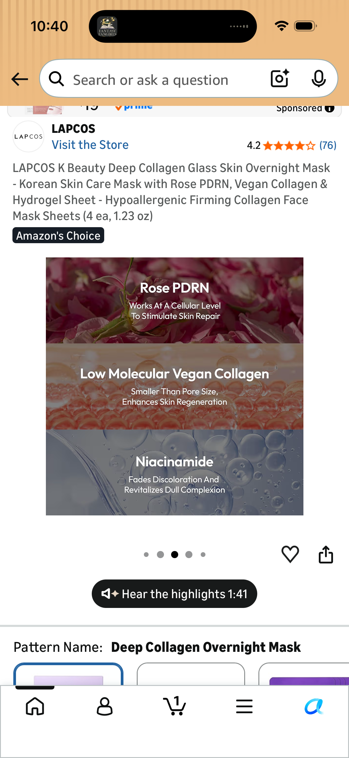 LAPCOS K Beauty Deep Collagen Glass Skin Overnight Mask - Korean Skin Care Mask with Rose PDRN, Vegan Collagen & Hydrogel Sheet - Hypoallergenic Firming Collagen Face Mask Sheets (4 ea, 1.23 oz)
