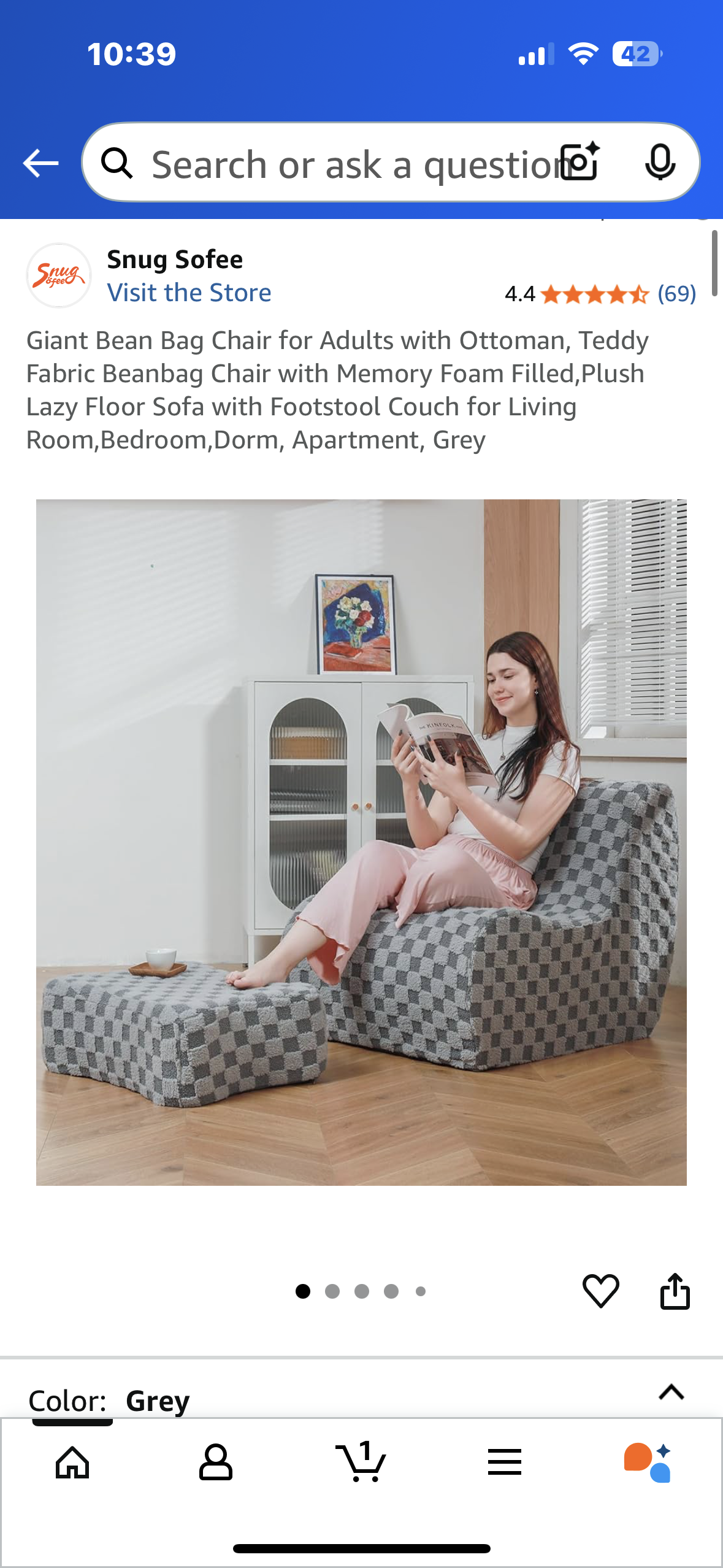 Giant Bean Bag Chair for Adults with Ottoman, Teddy Fabric Beanbag Chair with Memory Foam, Plush Lazy Floor Sofa with Footstool, for Living Room, Bedroom, Dorm, Apartment, Grey (L1025)