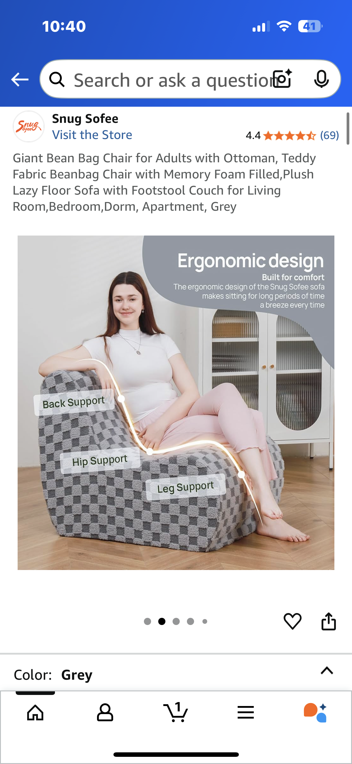 Giant Bean Bag Chair for Adults with Ottoman, Teddy Fabric Beanbag Chair with Memory Foam, Plush Lazy Floor Sofa with Footstool, for Living Room, Bedroom, Dorm, Apartment, Grey (L1025)
