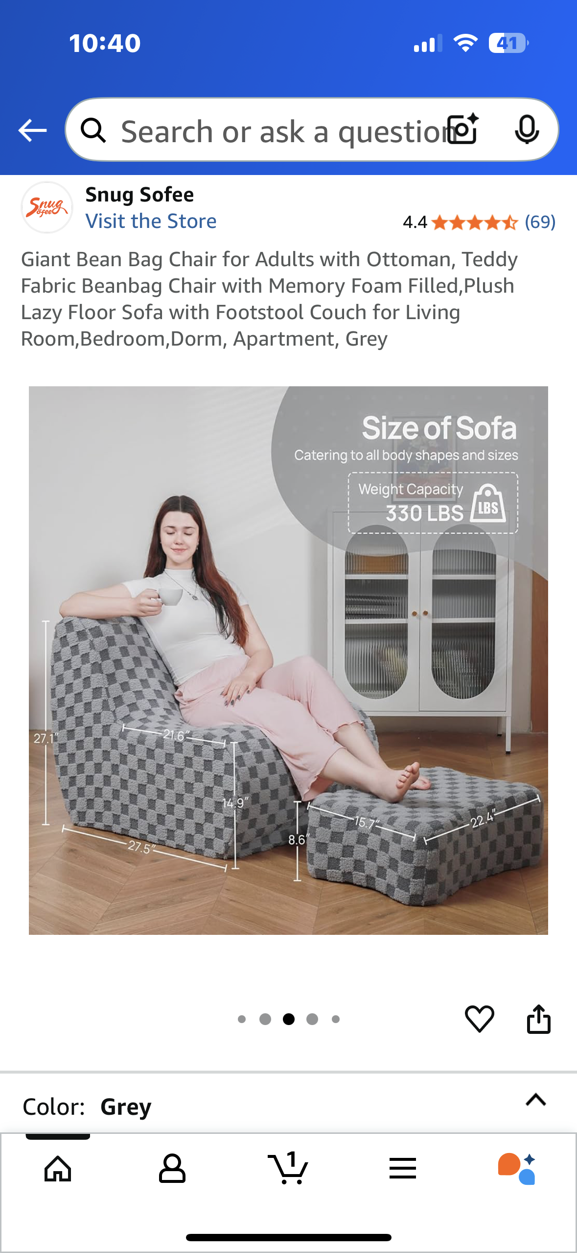 Giant Bean Bag Chair for Adults with Ottoman, Teddy Fabric Beanbag Chair with Memory Foam, Plush Lazy Floor Sofa with Footstool, for Living Room, Bedroom, Dorm, Apartment, Grey (L1025)