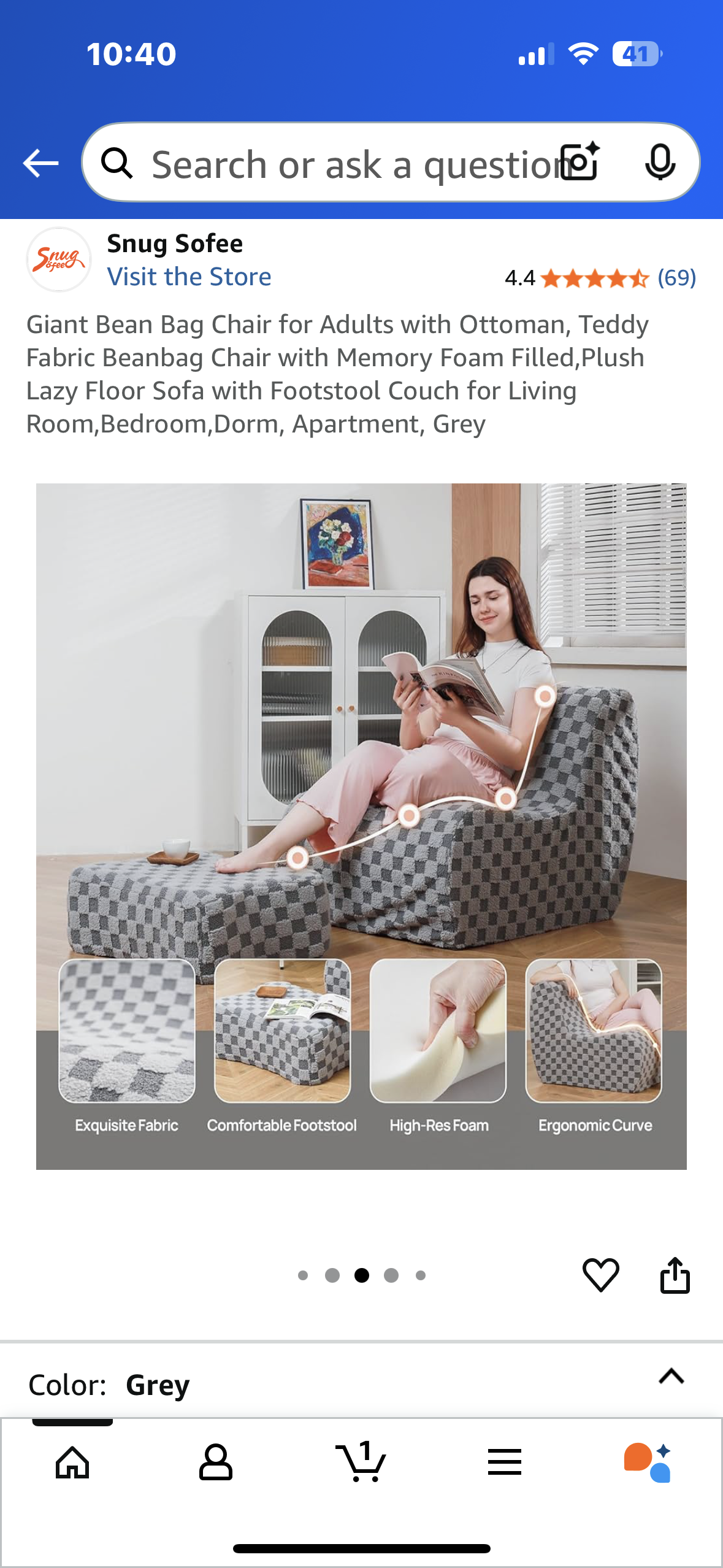 Giant Bean Bag Chair for Adults with Ottoman, Teddy Fabric Beanbag Chair with Memory Foam, Plush Lazy Floor Sofa with Footstool, for Living Room, Bedroom, Dorm, Apartment, Grey (L1025)