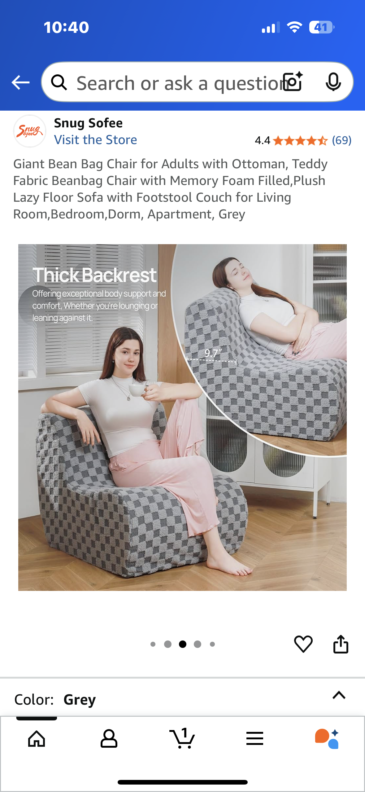 Giant Bean Bag Chair for Adults with Ottoman, Teddy Fabric Beanbag Chair with Memory Foam, Plush Lazy Floor Sofa with Footstool, for Living Room, Bedroom, Dorm, Apartment, Grey (L1025)