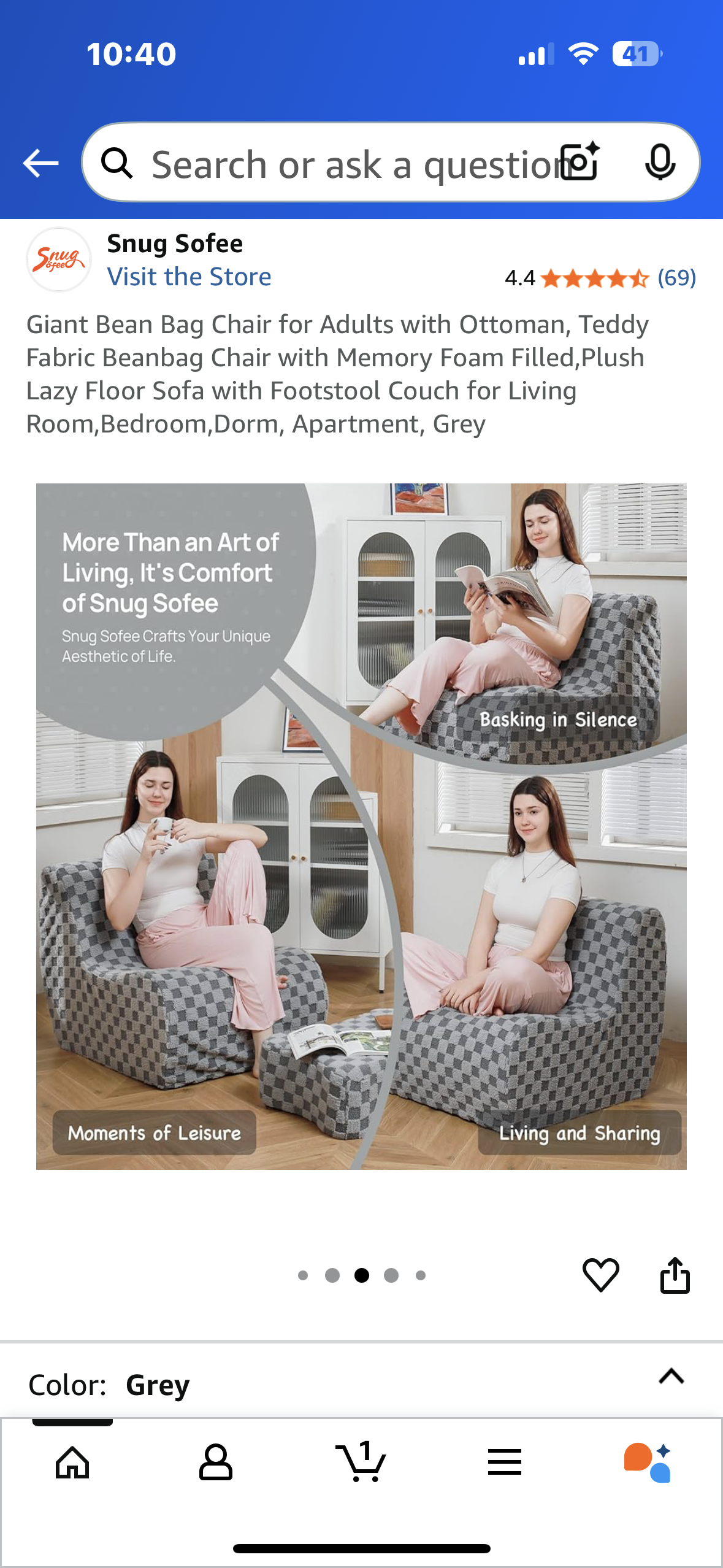 Giant Bean Bag Chair for Adults with Ottoman, Teddy Fabric Beanbag Chair with Memory Foam, Plush Lazy Floor Sofa with Footstool, for Living Room, Bedroom, Dorm, Apartment, Grey (L1025)
