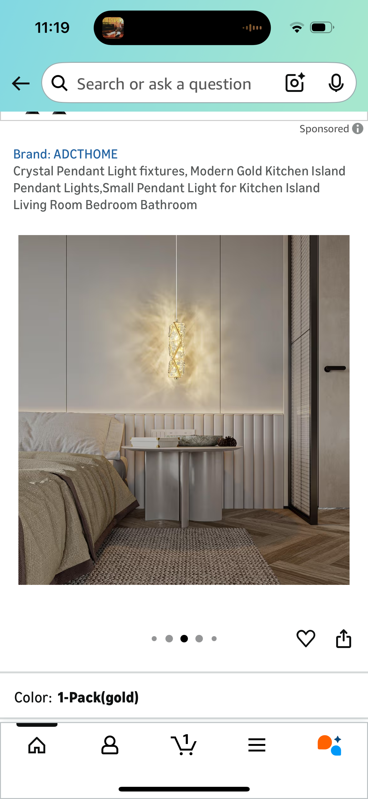 Crystal Pendant Light fixtures, Modern Gold Kitchen Island Pendant Lights,Small Pendant Light for Kitchen Island Living Room Bedroom Bathroom