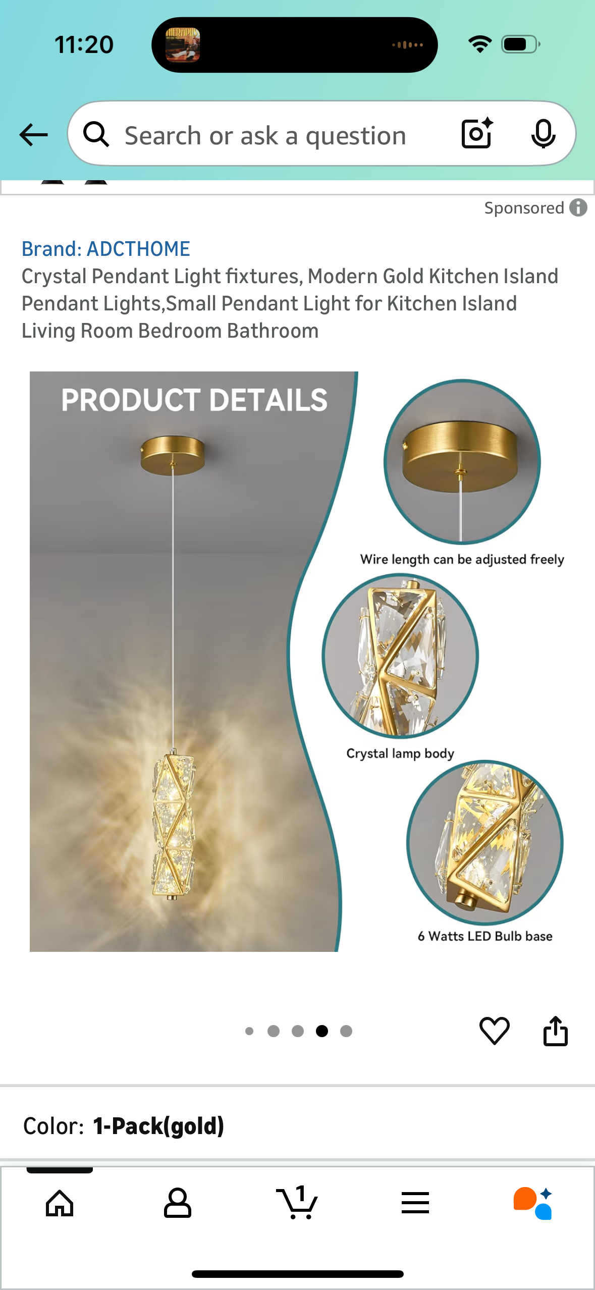 Crystal Pendant Light fixtures, Modern Gold Kitchen Island Pendant Lights,Small Pendant Light for Kitchen Island Living Room Bedroom Bathroom