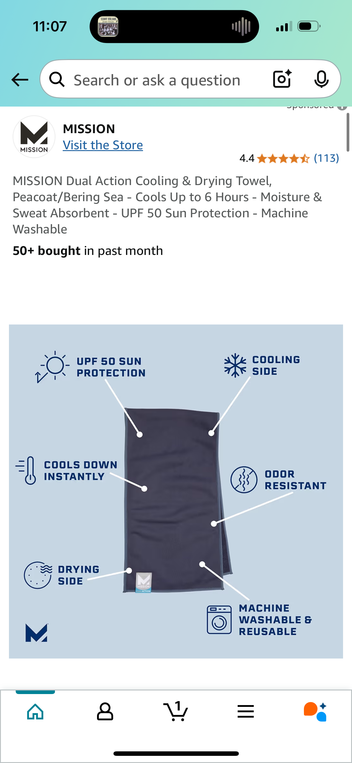 MISSION Dual Action Cooling & Drying Towel, Peacoat/Bering Sea - Cools Up to 6 Hours - Moisture & Sweat Absorbent - UPF 50 Sun Protection - Machine Washable