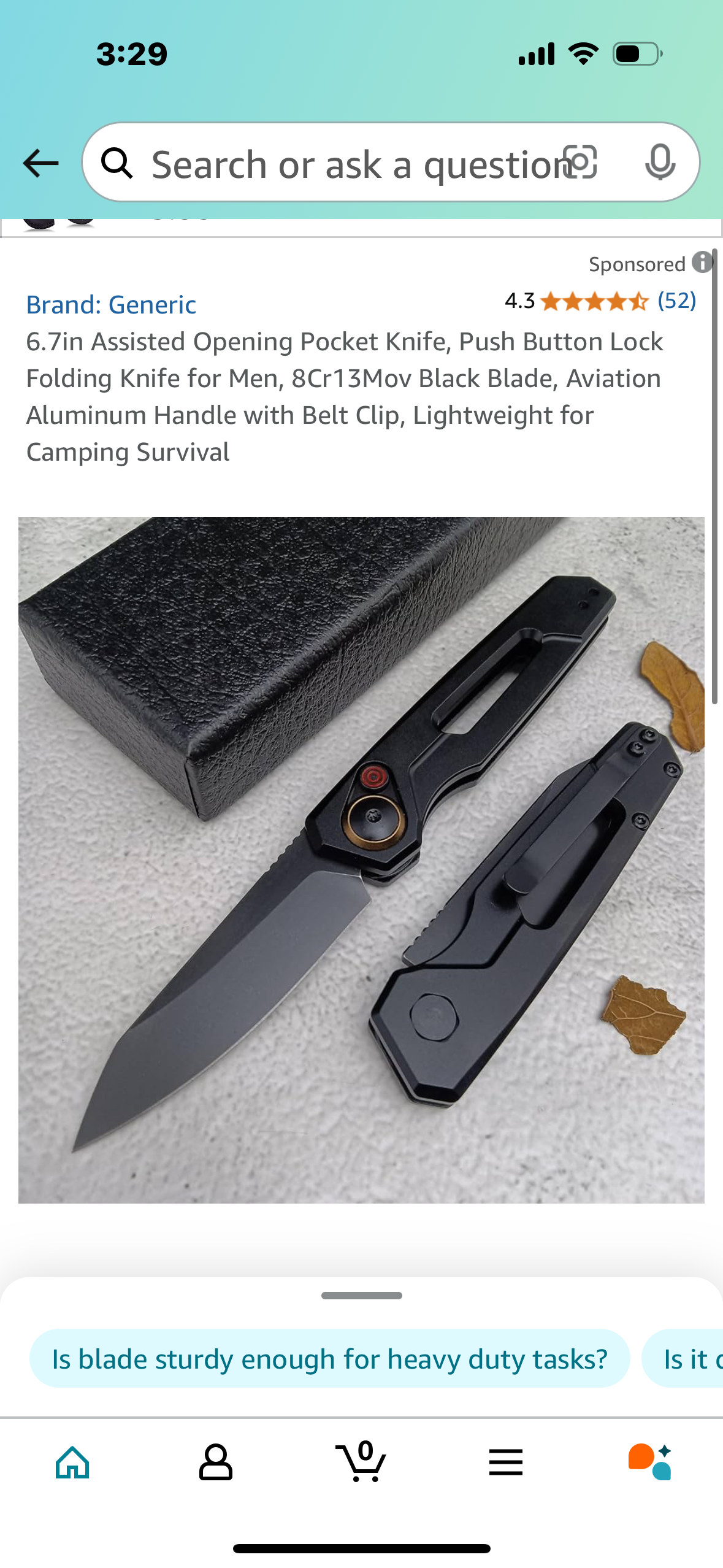 6.7in Assisted Opening Pocket Knife, Push Button Lock Folding Knife for Men, 8Cr13Mov Black Blade, Aviation Aluminum Handle with Belt Clip, Lightweight for Camping Survival