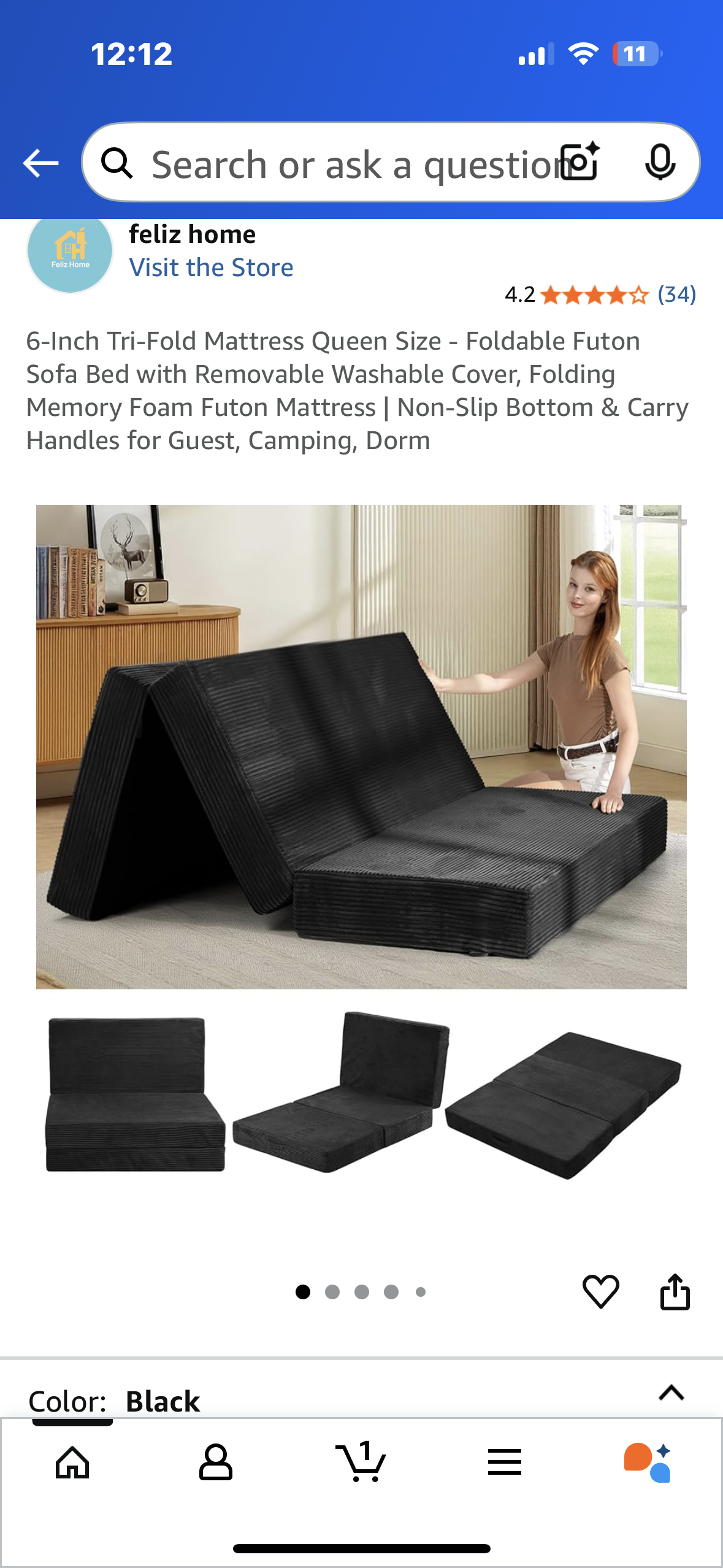 Tri-Fold Mattress Queen Size - Foldable Futon Sofa Bed with Removable Washable Cover, Folding Memory Foam Futon Mattress | Non-Slip Bottom & Carry Handles for Guest, Camping, Dorm (B1098)