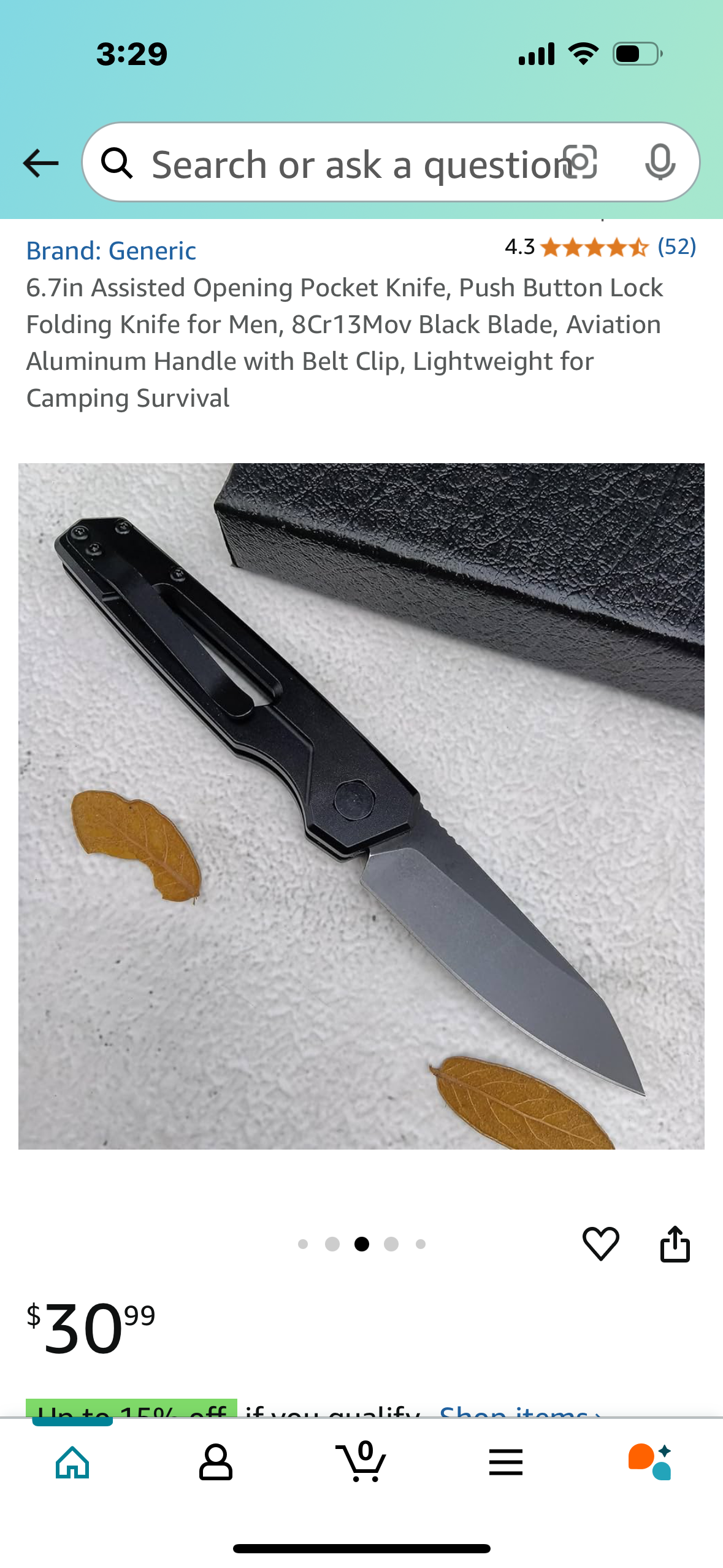 6.7in Assisted Opening Pocket Knife, Push Button Lock Folding Knife for Men, 8Cr13Mov Black Blade, Aviation Aluminum Handle with Belt Clip, Lightweight for Camping Survival