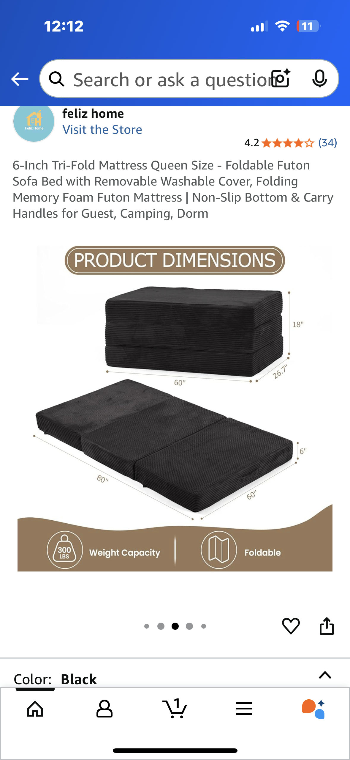 Tri-Fold Mattress Queen Size - Foldable Futon Sofa Bed with Removable Washable Cover, Folding Memory Foam Futon Mattress | Non-Slip Bottom & Carry Handles for Guest, Camping, Dorm (B1098)