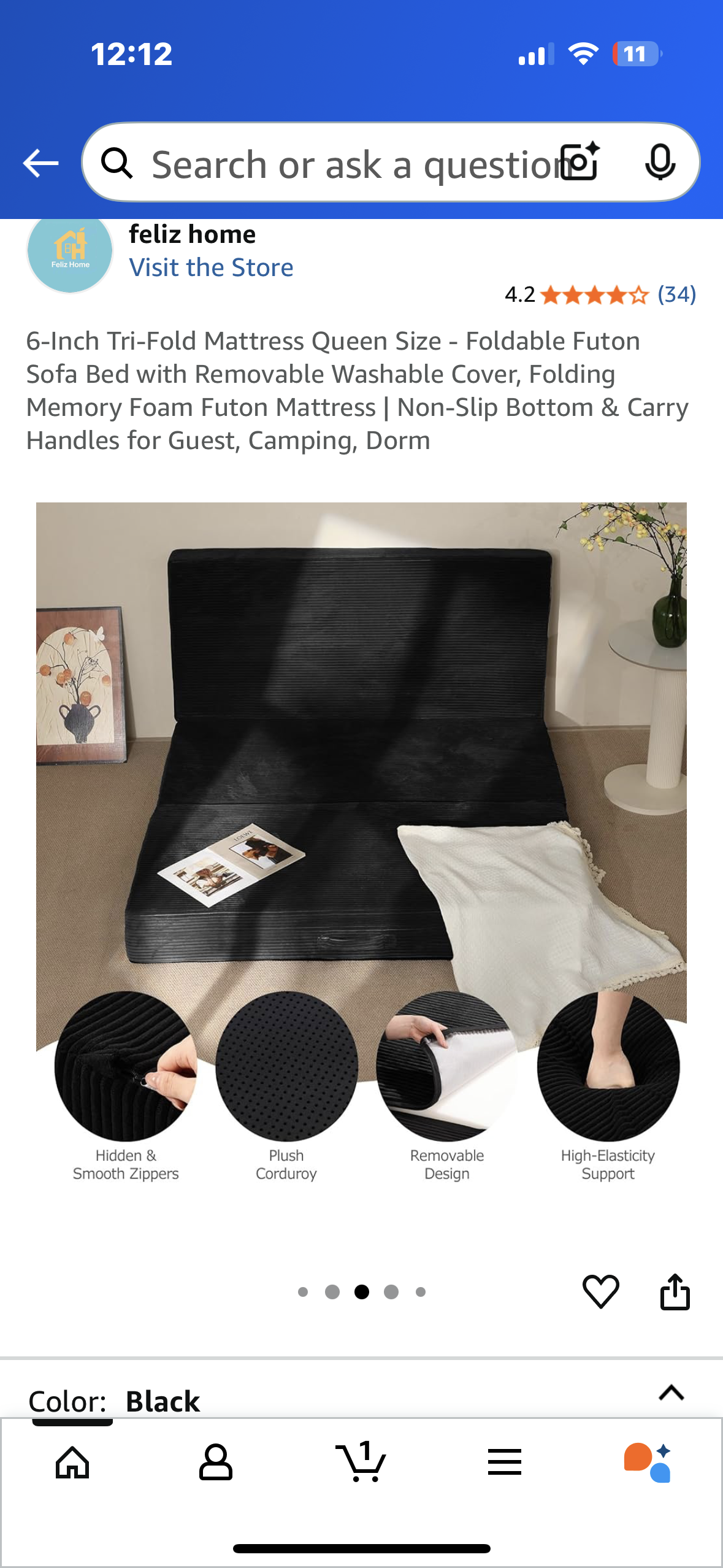 Tri-Fold Mattress Queen Size - Foldable Futon Sofa Bed with Removable Washable Cover, Folding Memory Foam Futon Mattress | Non-Slip Bottom & Carry Handles for Guest, Camping, Dorm (B1098)