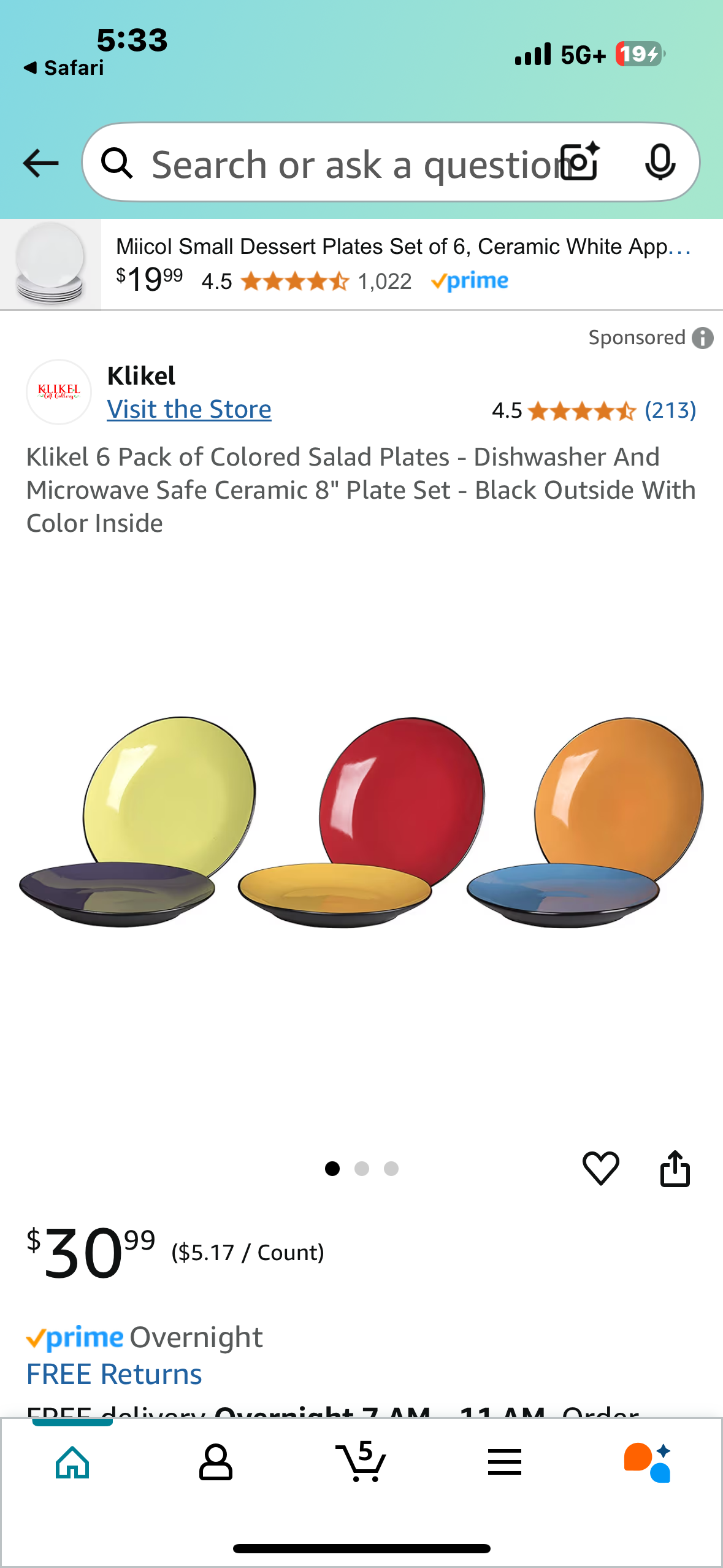 Klikel 6 Pack of Colored Salad Plates - Dishwasher And Microwave Safe Ceramic 8" Plate Set - Black Outside With Color Inside