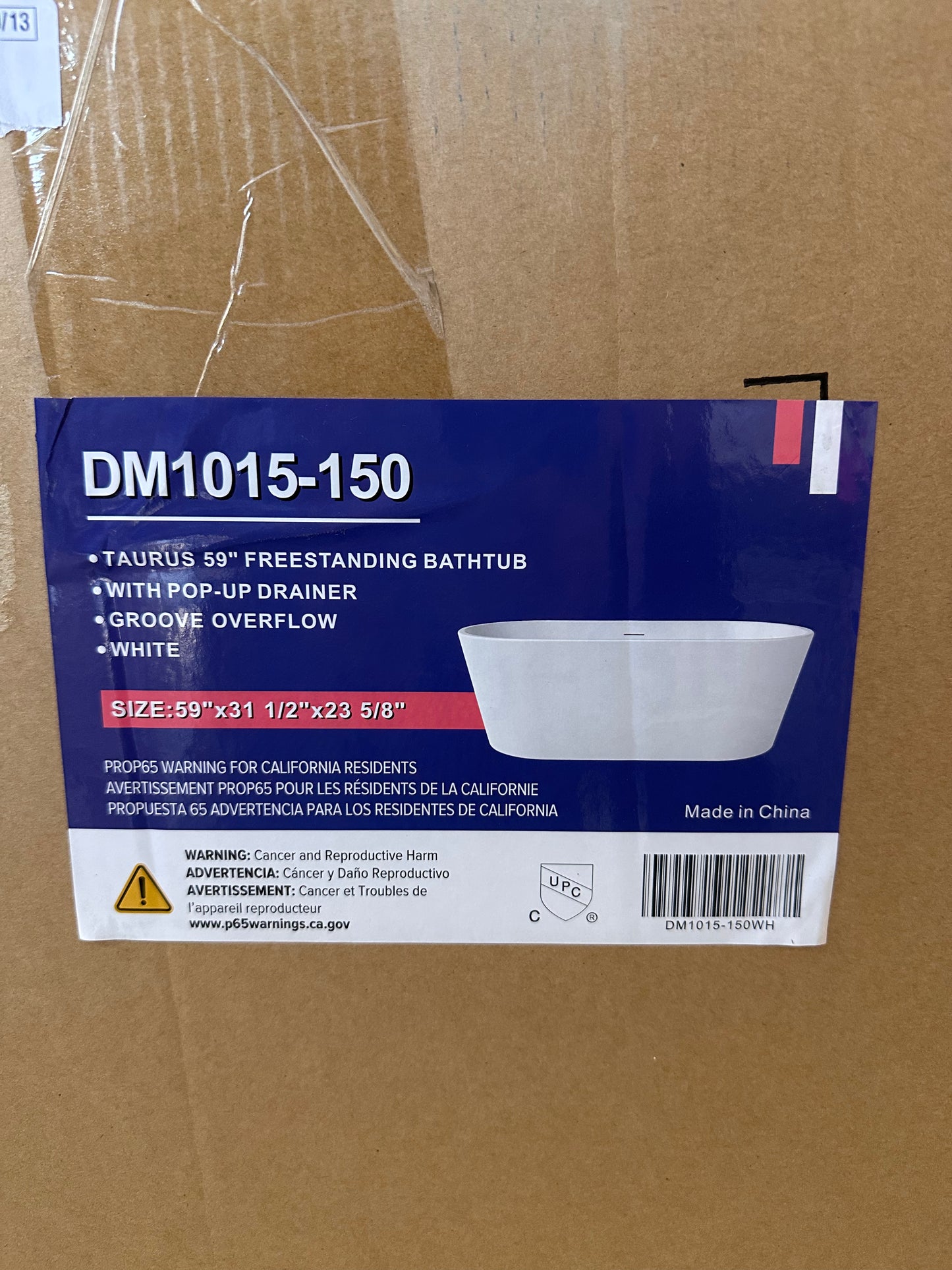 59" Acrylic Freestanding Bathtub, Tap Deck Bathtub, Stand Alone Tub, Soaking Tub with Integrated Overflow and Drain, CUPC Certified (B1099)