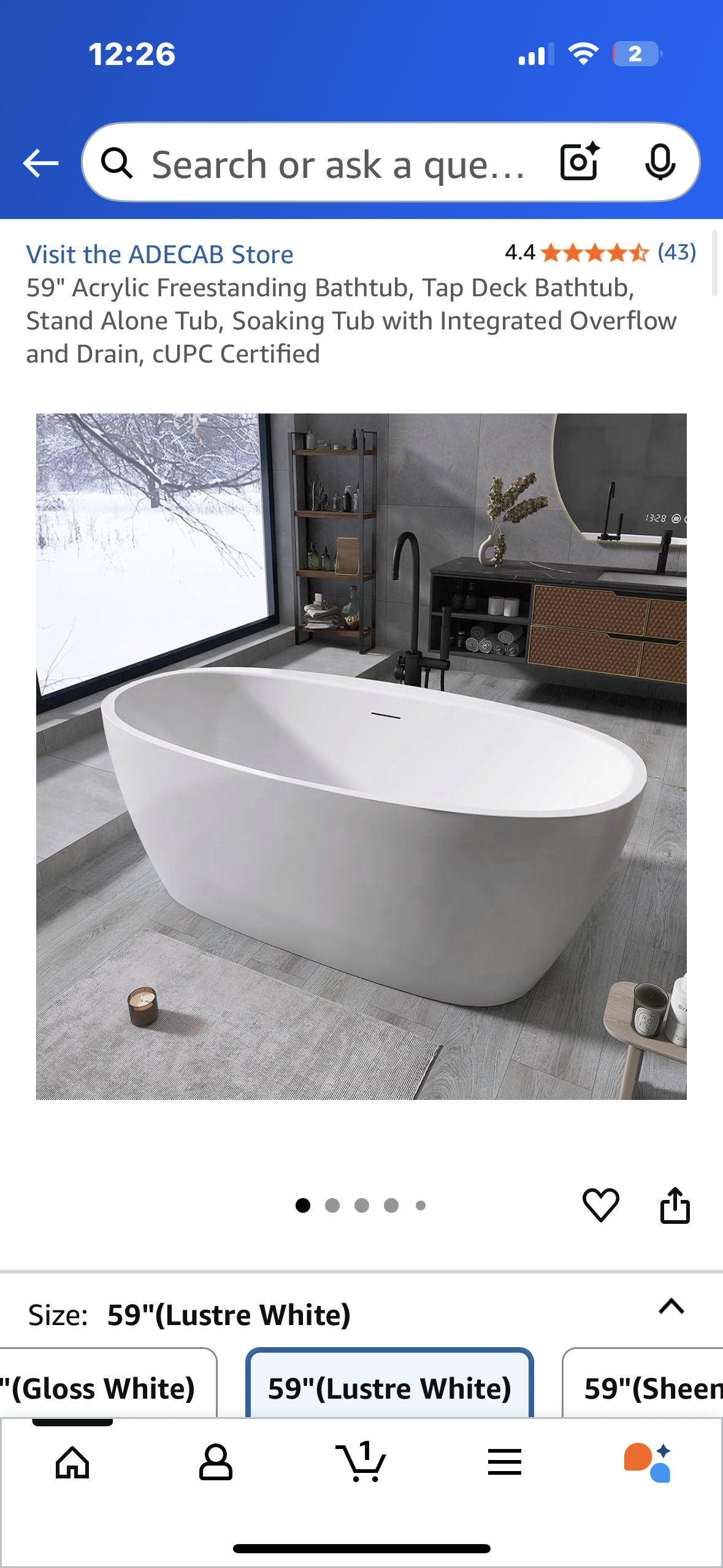 59" Acrylic Freestanding Bathtub, Tap Deck Bathtub, Stand Alone Tub, Soaking Tub with Integrated Overflow and Drain, CUPC Certified (B1099)