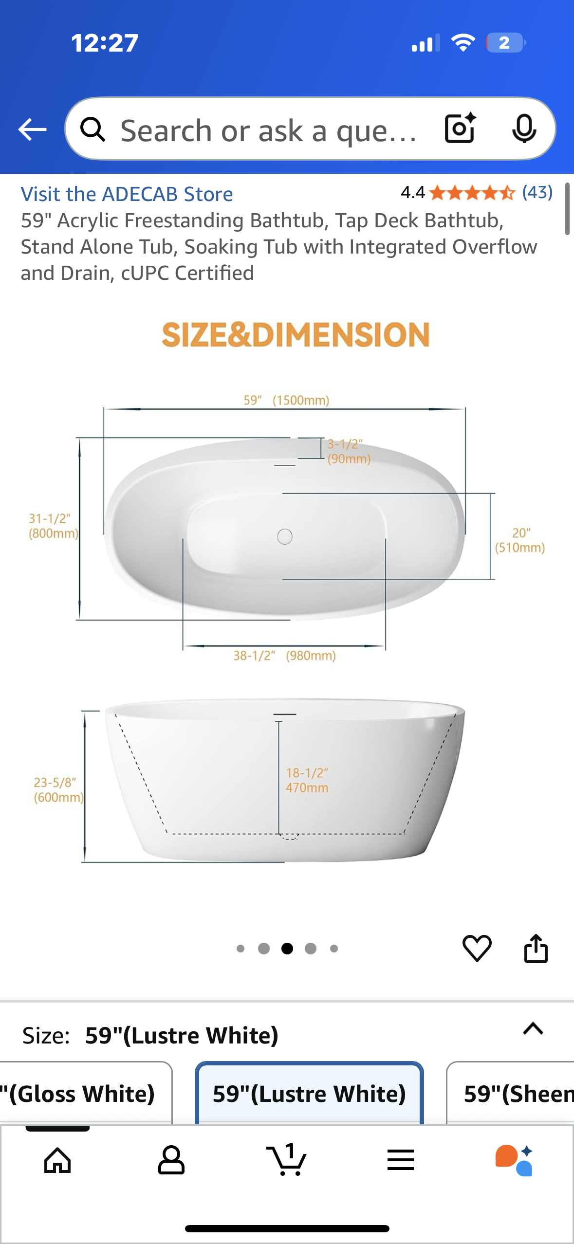 59" Acrylic Freestanding Bathtub, Tap Deck Bathtub, Stand Alone Tub, Soaking Tub with Integrated Overflow and Drain, CUPC Certified (B1099)
