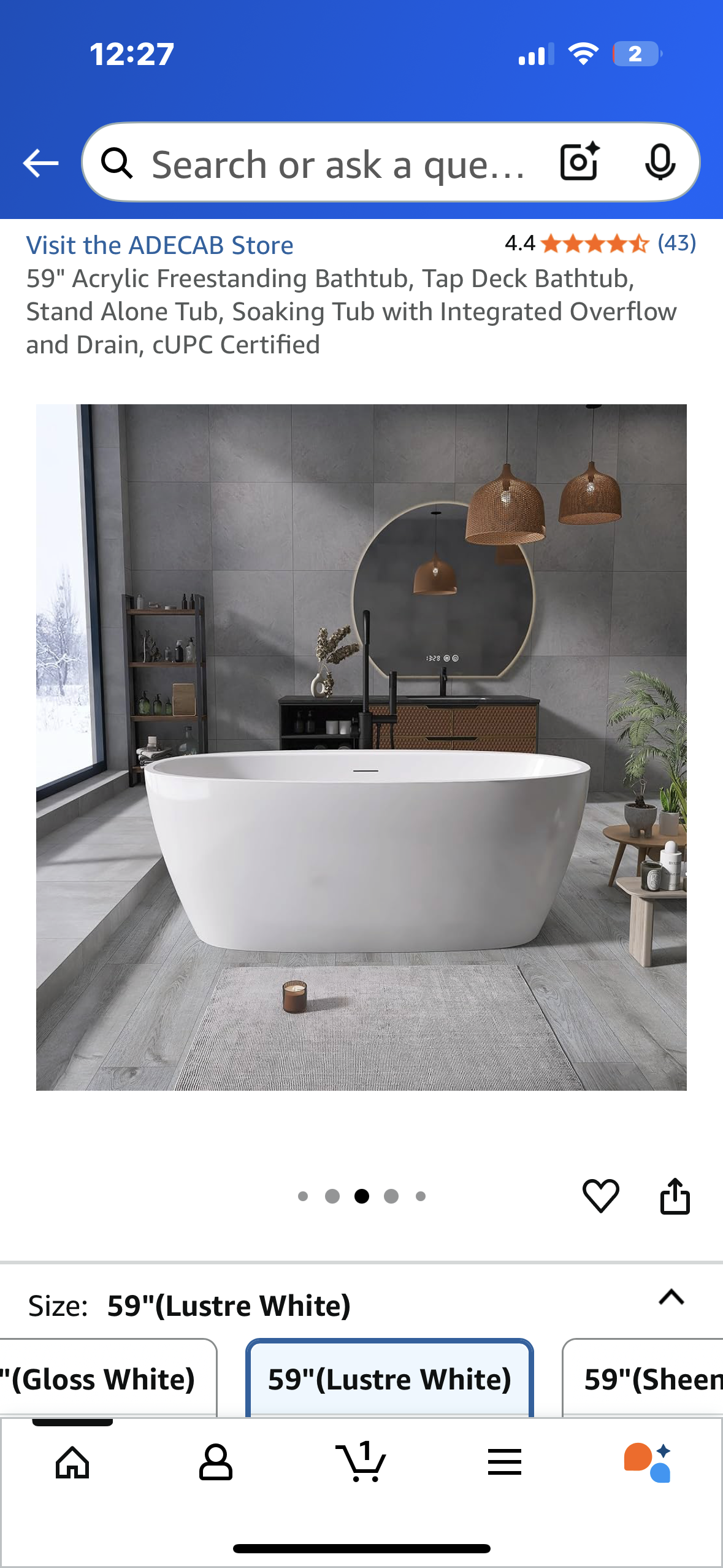 59" Acrylic Freestanding Bathtub, Tap Deck Bathtub, Stand Alone Tub, Soaking Tub with Integrated Overflow and Drain, CUPC Certified (B1099)