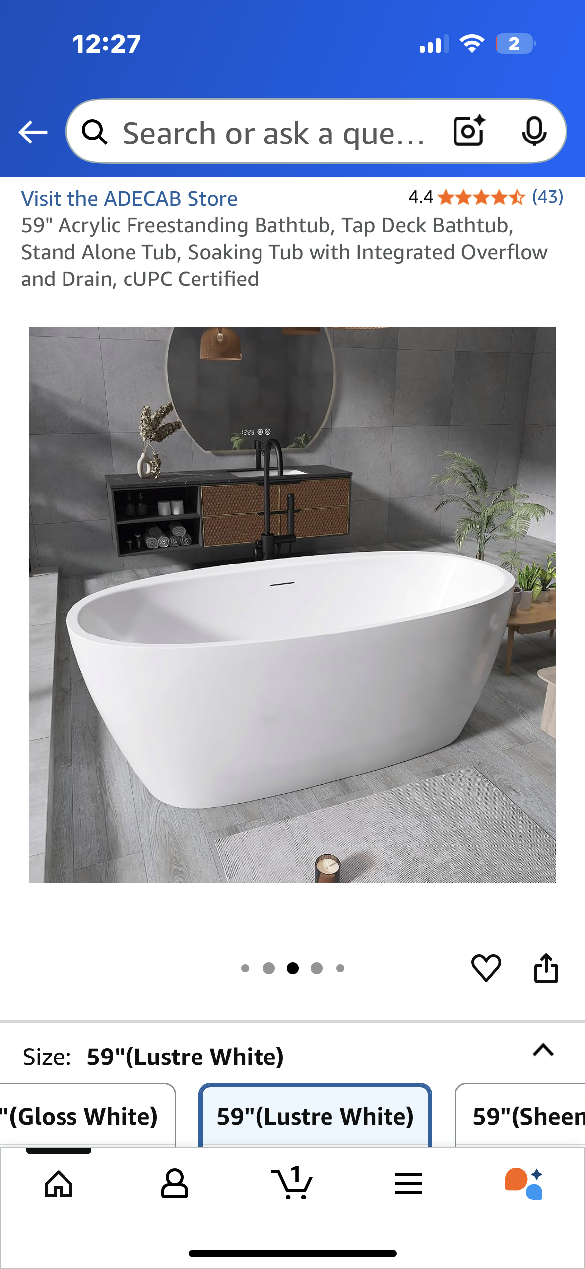 59" Acrylic Freestanding Bathtub, Tap Deck Bathtub, Stand Alone Tub, Soaking Tub with Integrated Overflow and Drain, CUPC Certified (B1099)